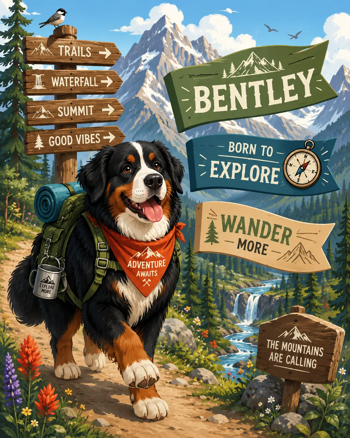 Bernese Mountain Dog exploring mountain trails with adventure-themed name concepts