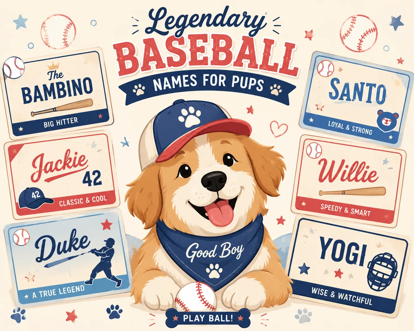 Dog wearing a baseball cap surrounded by legendary player name ideas