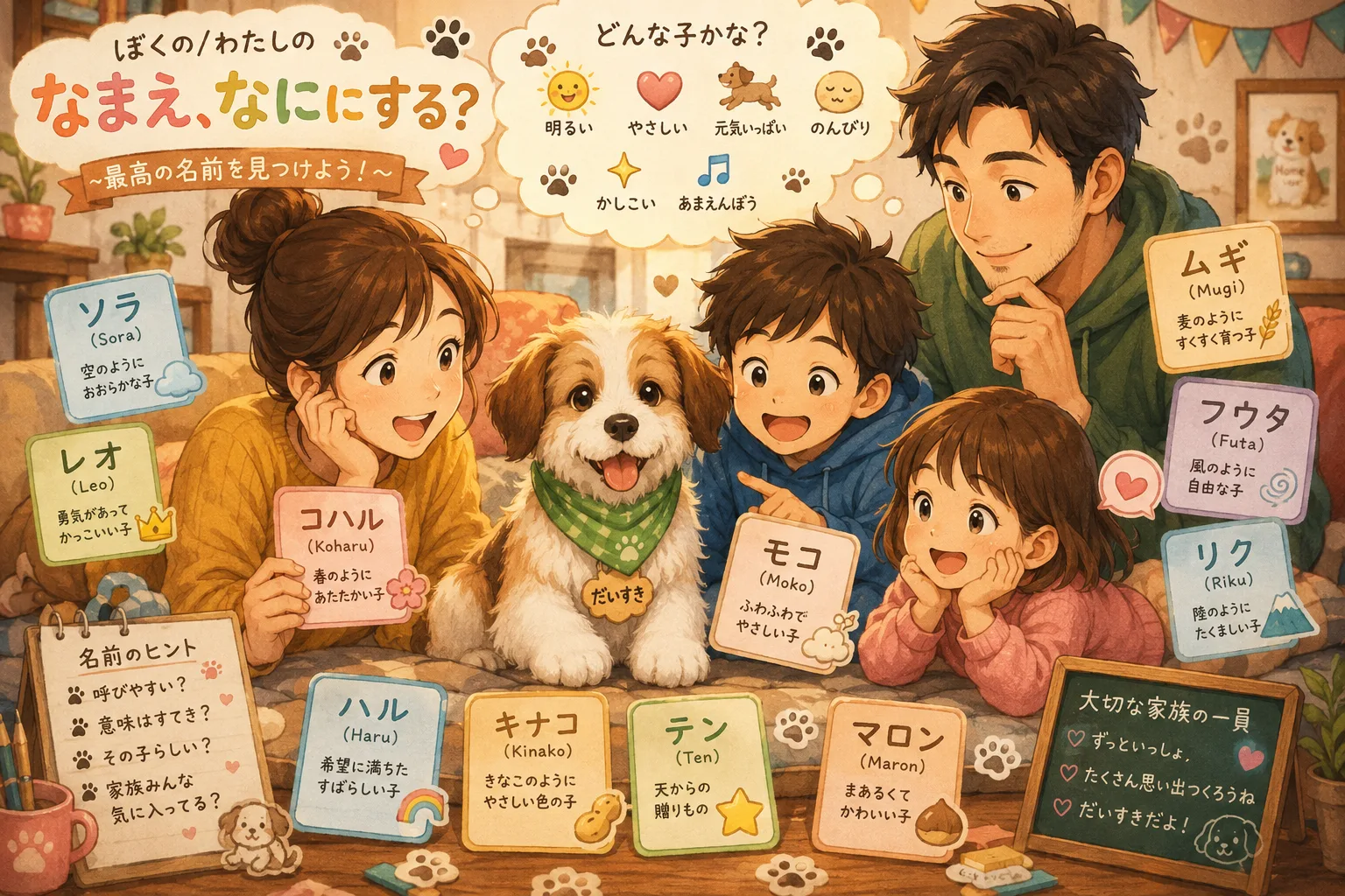 Whimsical illustration of a family selecting a Japanese dog name from colorful cards