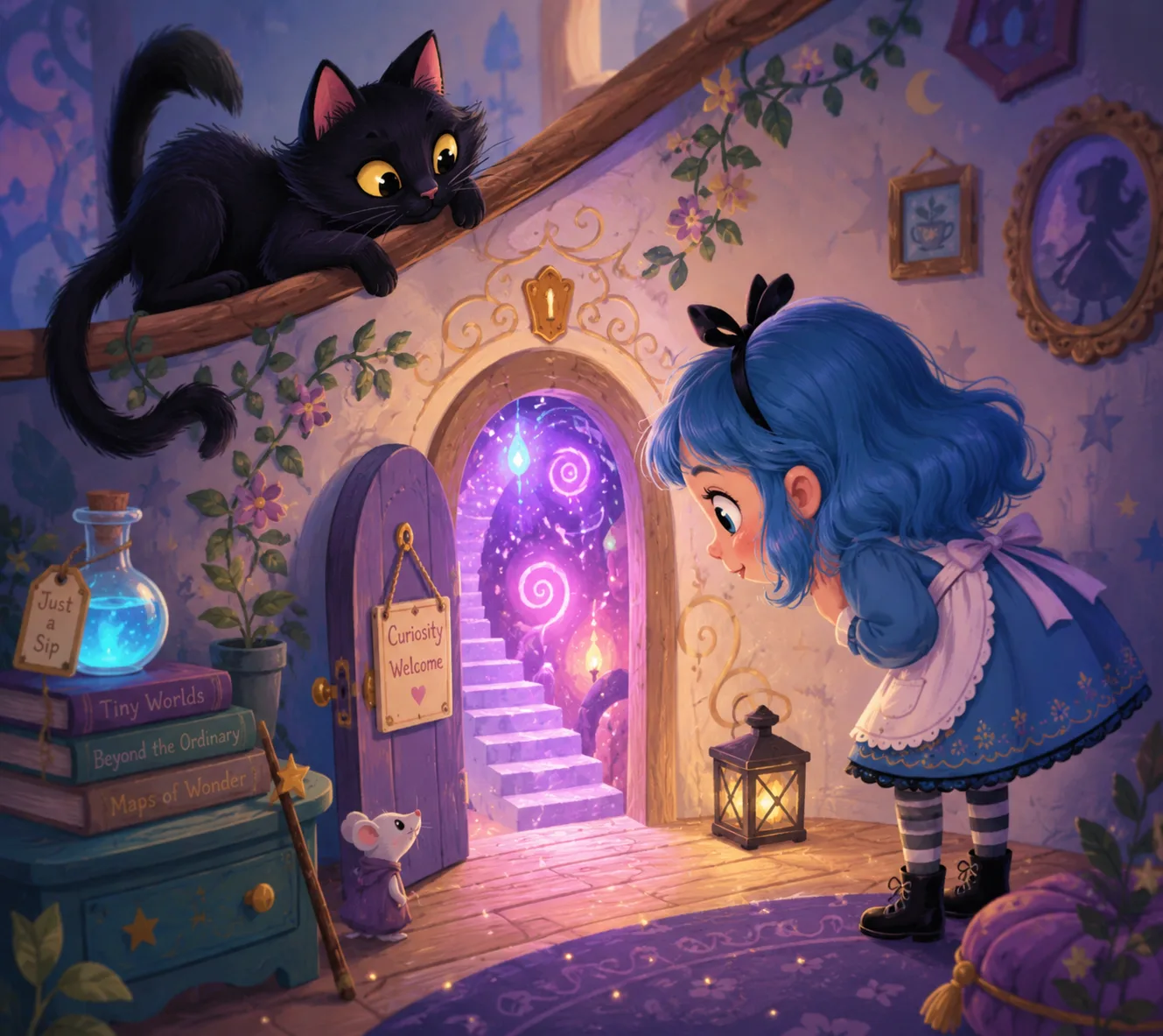 Black cat watching Coraline near the mysterious doorway