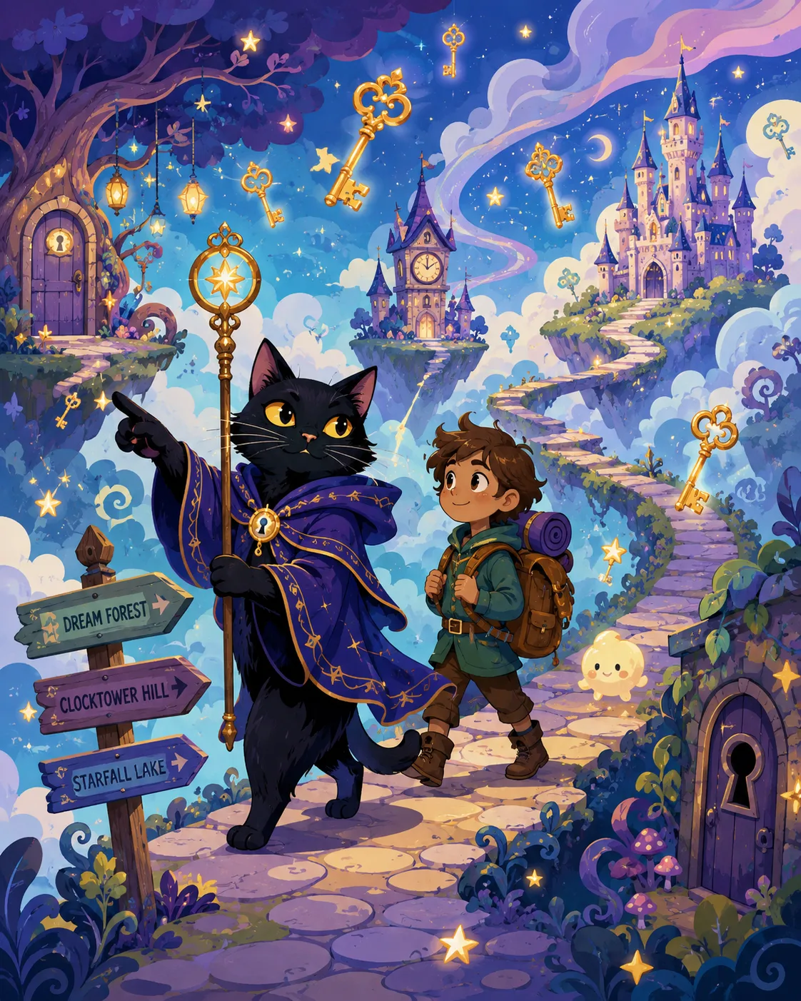 Wise black cat guiding Coraline through the Other World