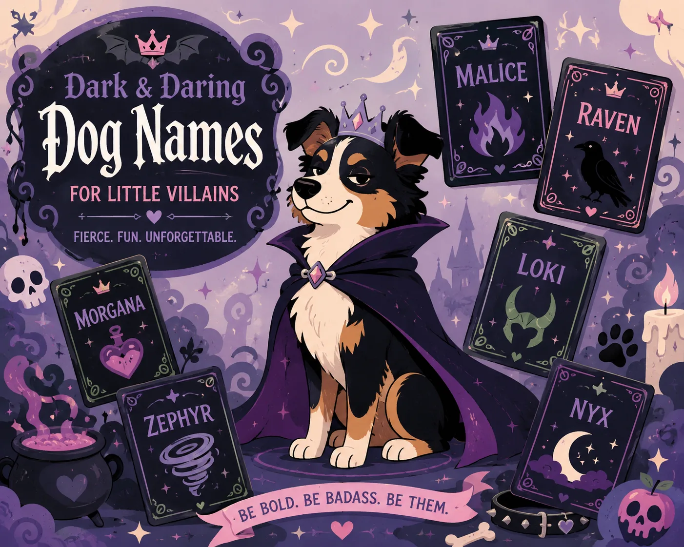 Stylized dog with dark magical themed name cards