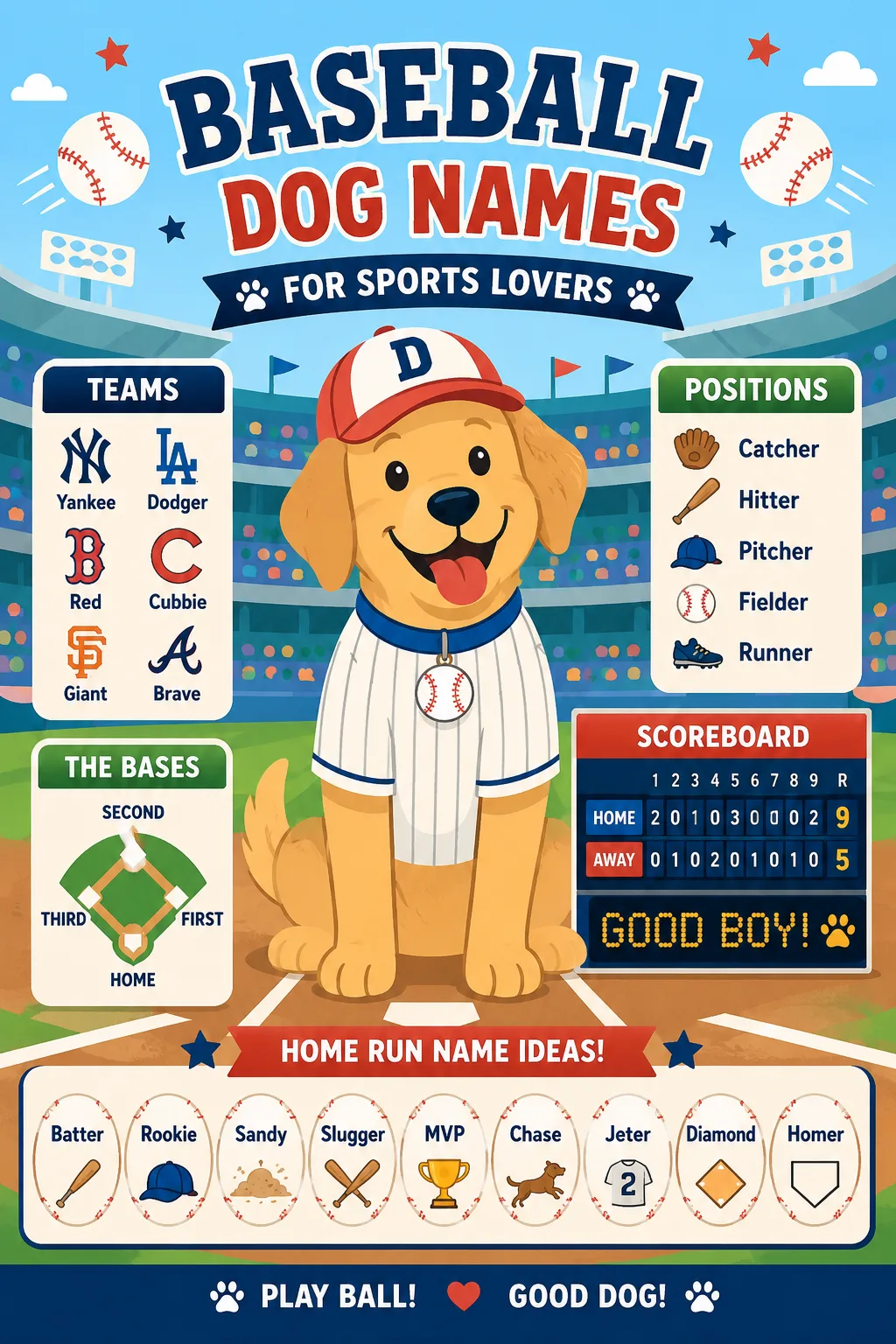 Happy dog sitting in a stylized baseball stadium with team and position icons