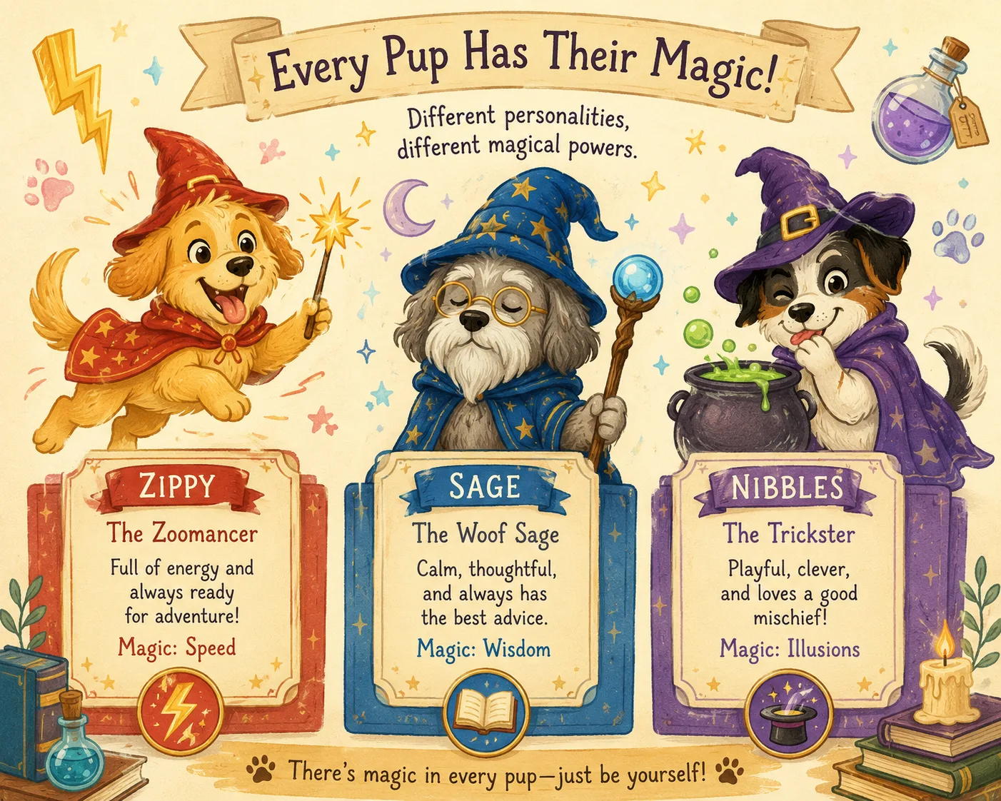 Different dog personalities matched with wizard themed name cards