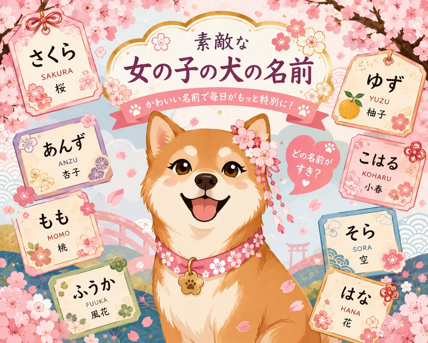 Illustrated female dog surrounded by elegant Japanese name cards and cherry blossoms