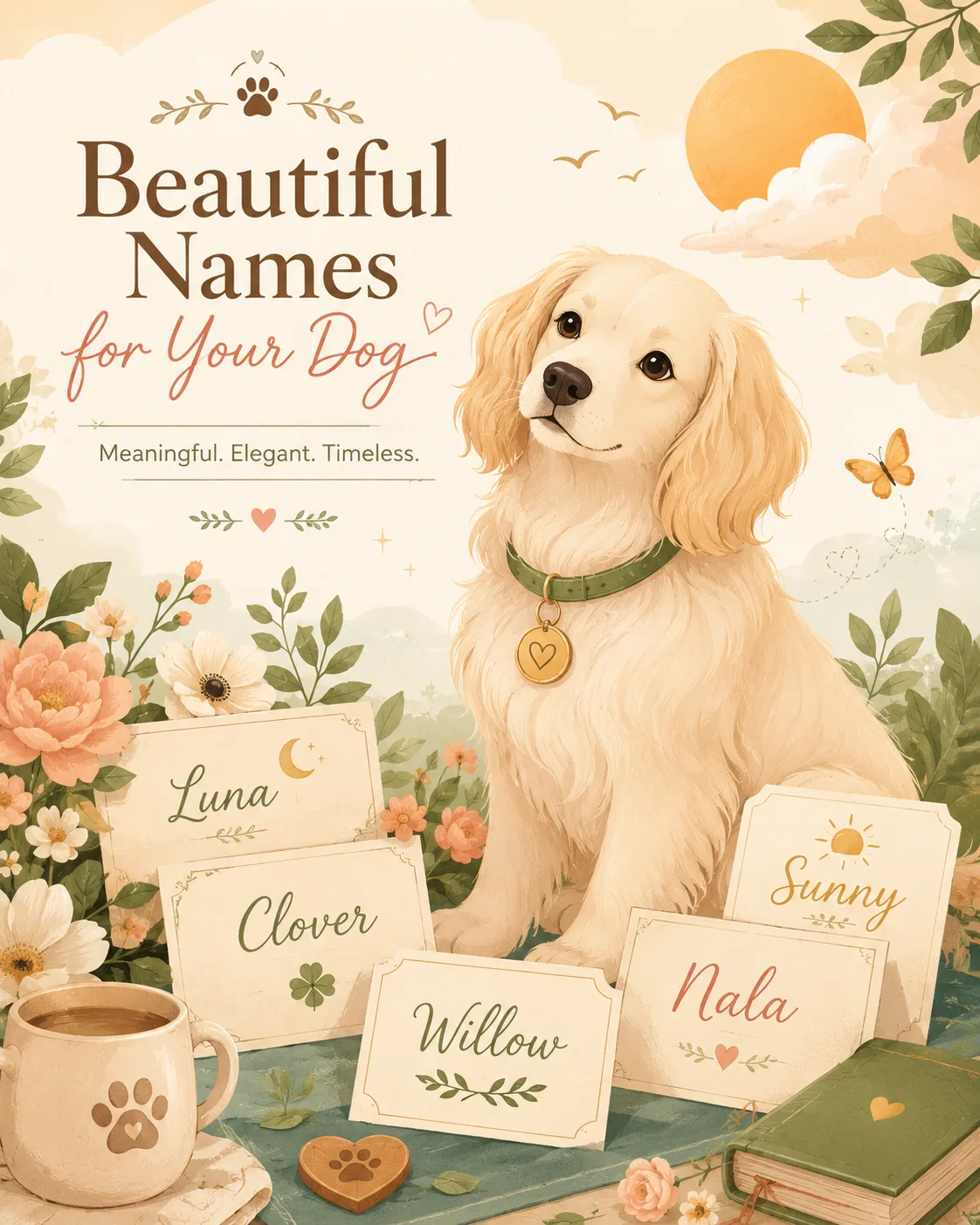 Cream dog surrounded by elegant and nature inspired name cards