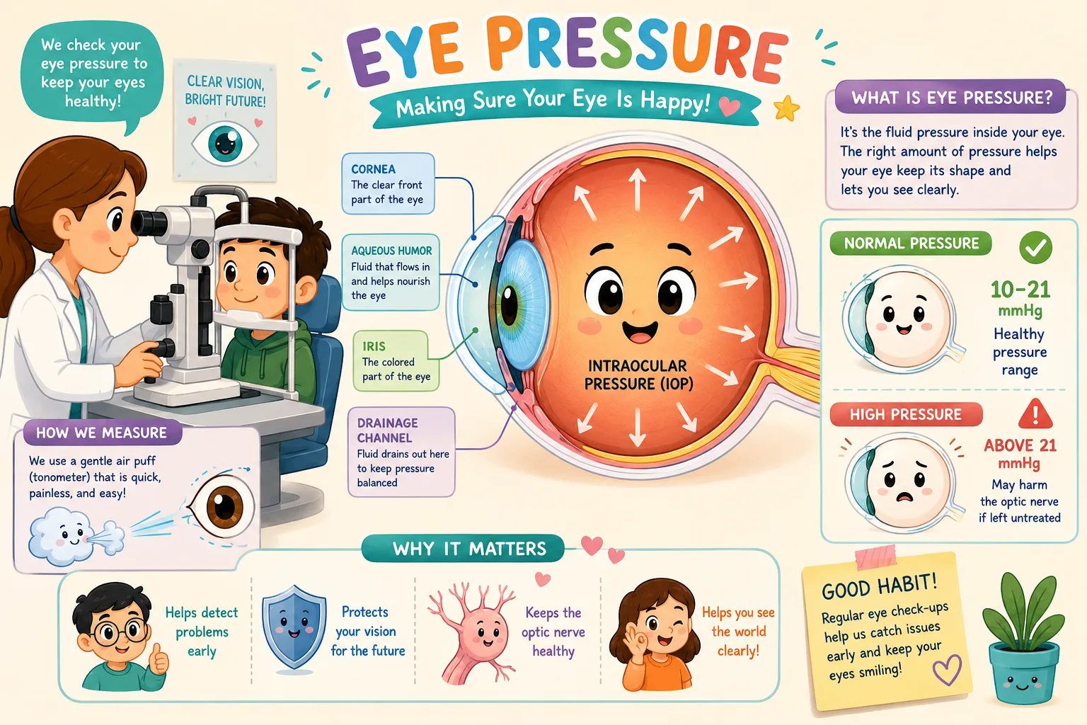 Whimsical eye care illustration explaining intraocular pressure measurement
