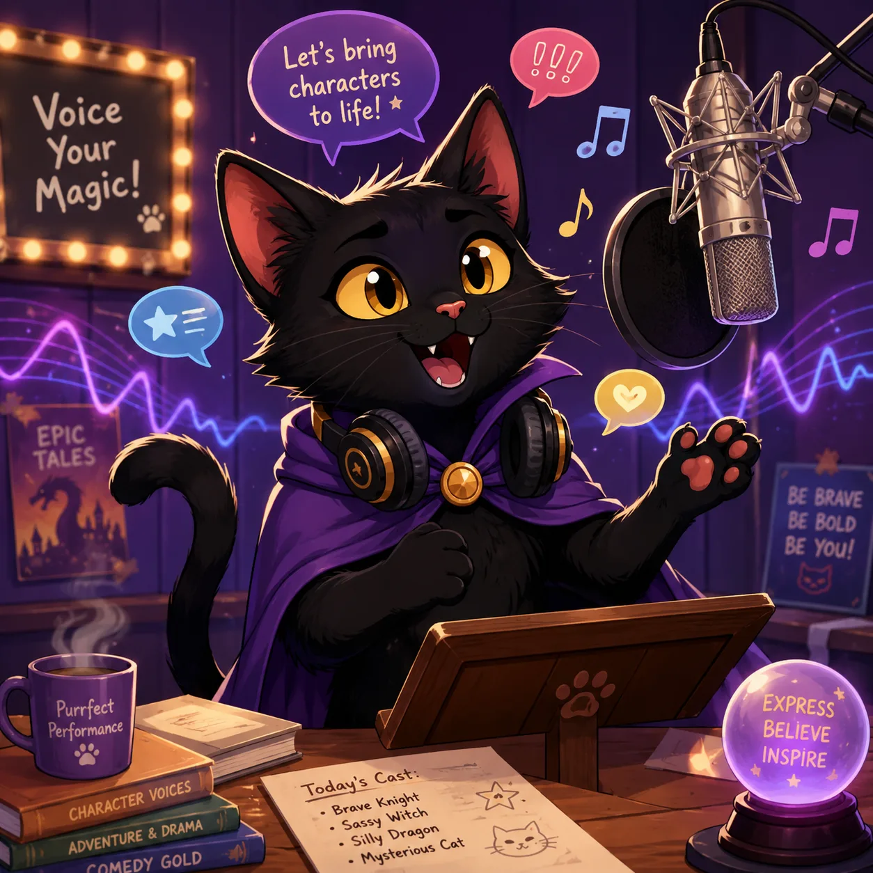 Animated black cat speaking with a confident voice