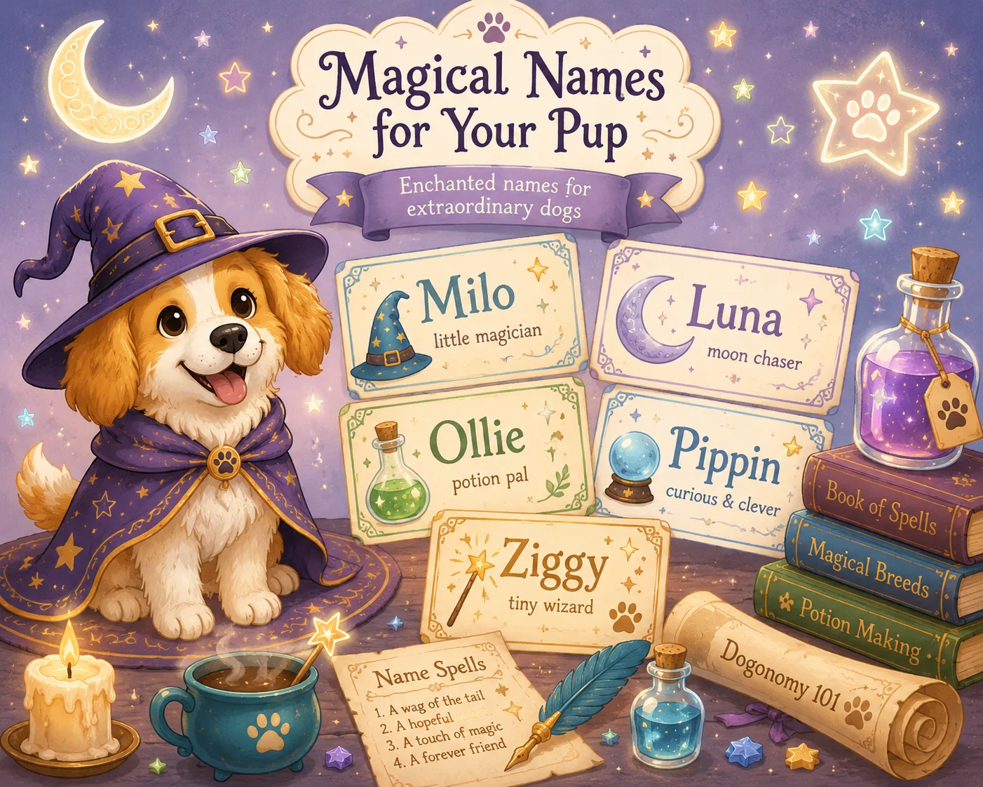 Dog sitting beside magical wizard themed name cards