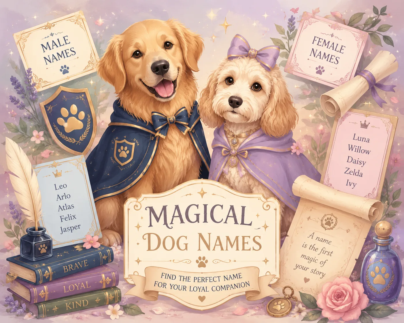 Male and female dogs surrounded by elegant magical name cards
