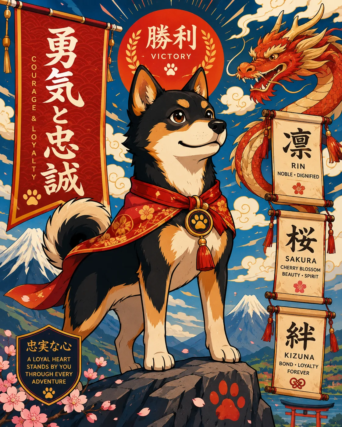 Cartoon female dog with dragon-inspired symbols representing strength and courage