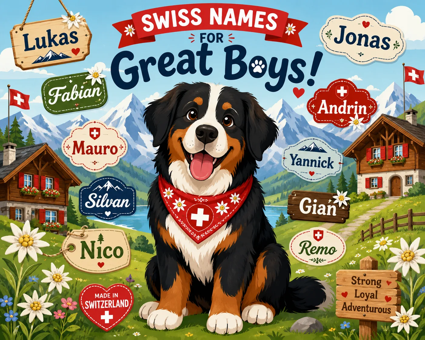 Bernese Mountain Dog surrounded by Swiss-inspired name ideas
