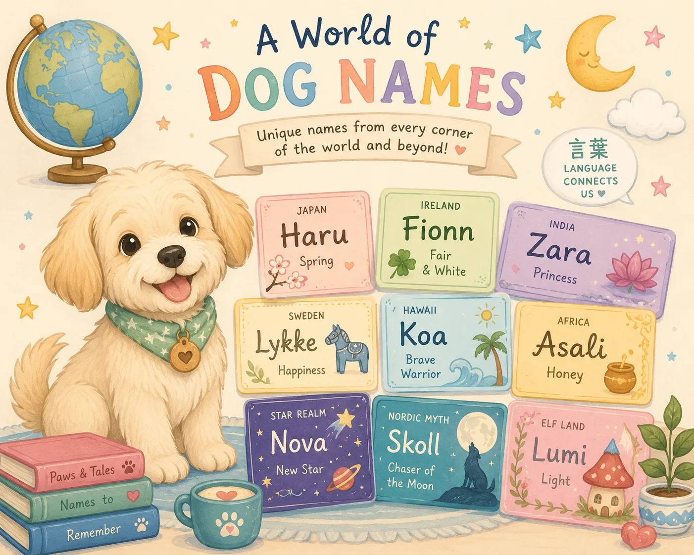 Cream colored dog beside unique international name cards