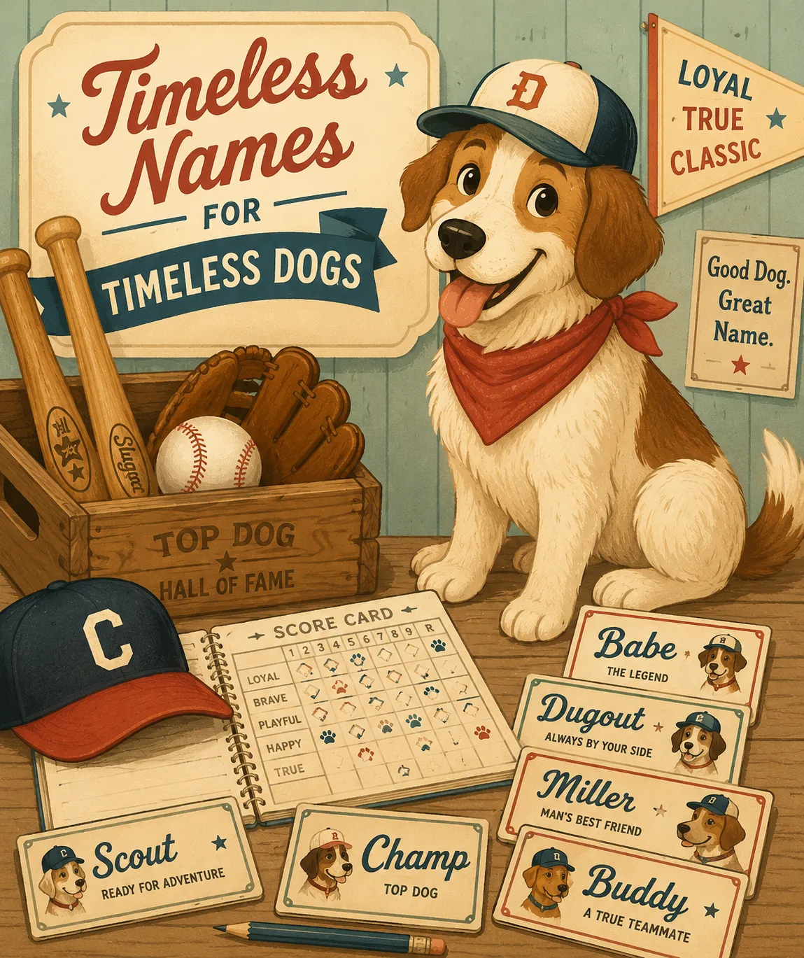 Retro style dog beside old baseball gear and classic name cards