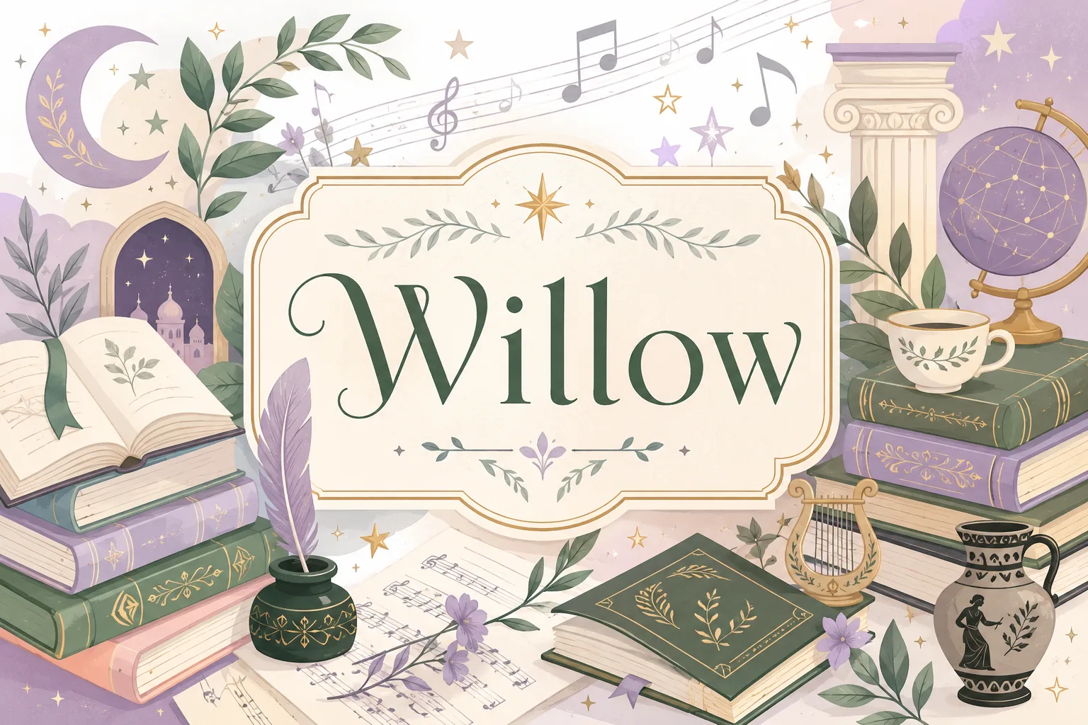 Stylized name card for Willow surrounded by books music stars and nature icons