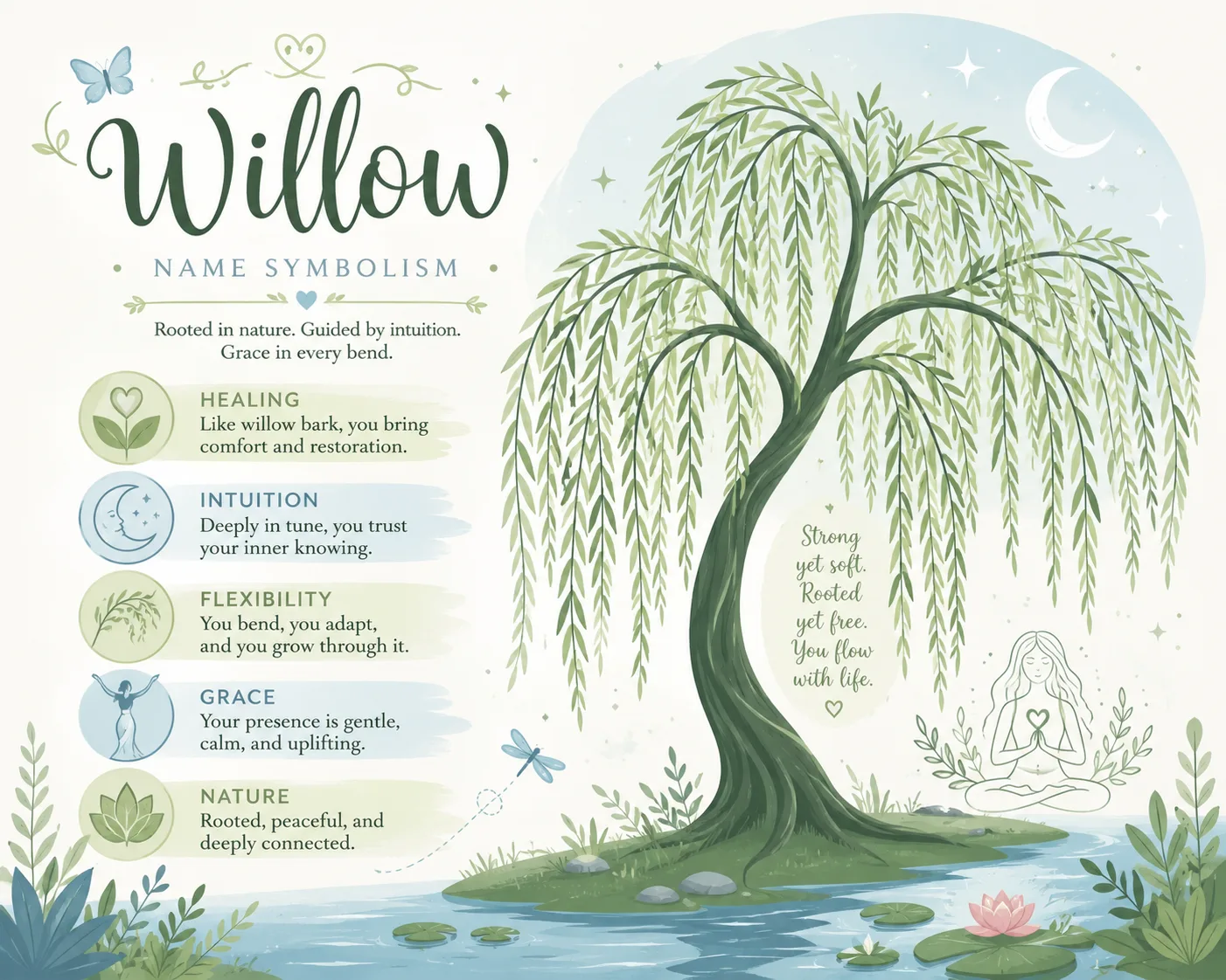 Graceful willow tree with symbolic icons for healing intuition and flexibility
