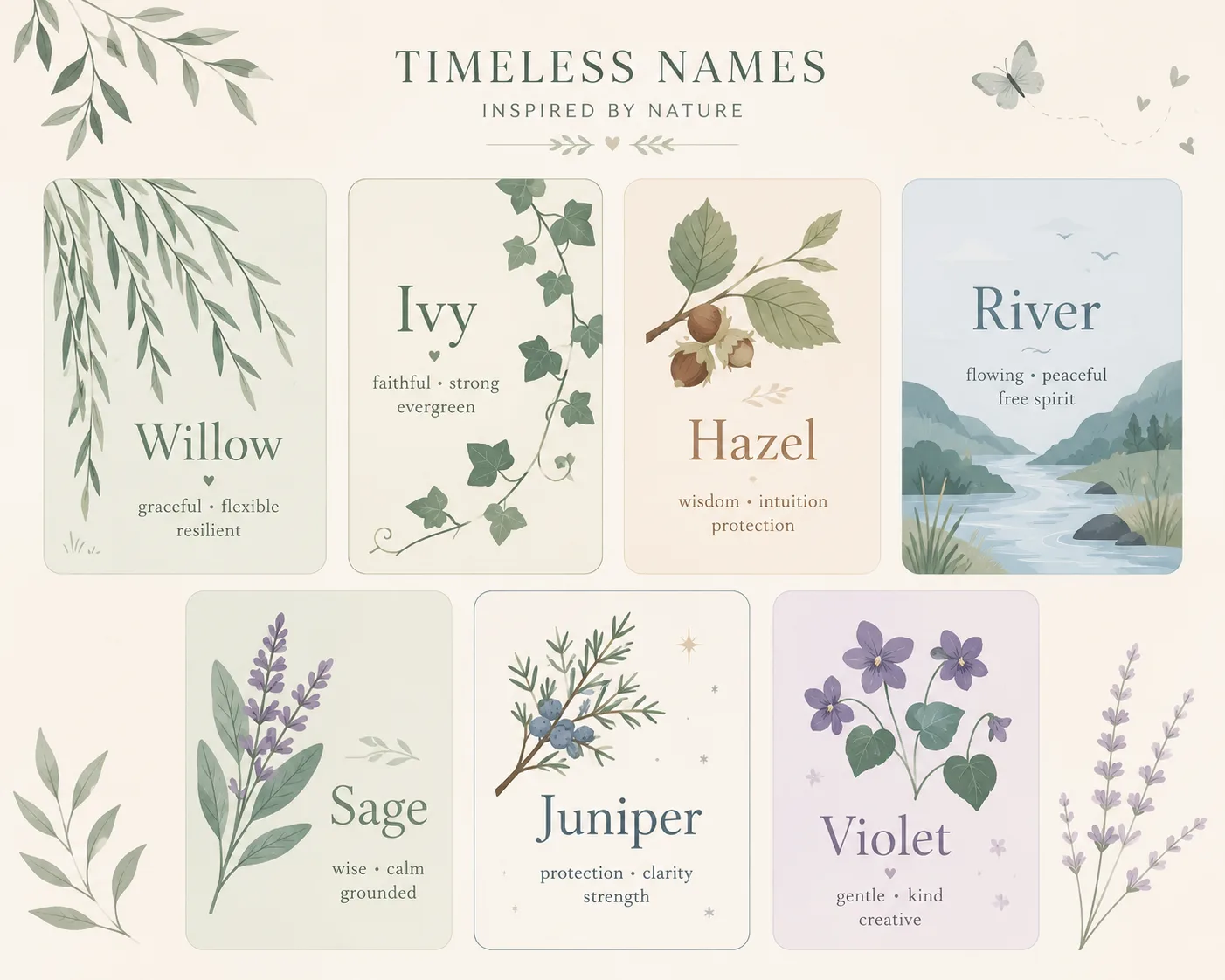 Elegant botanical baby name cards inspired by Willow Ivy Hazel River and Sage