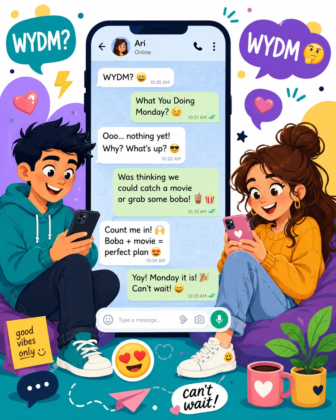 Illustration of friends using WYDM in a casual text conversation