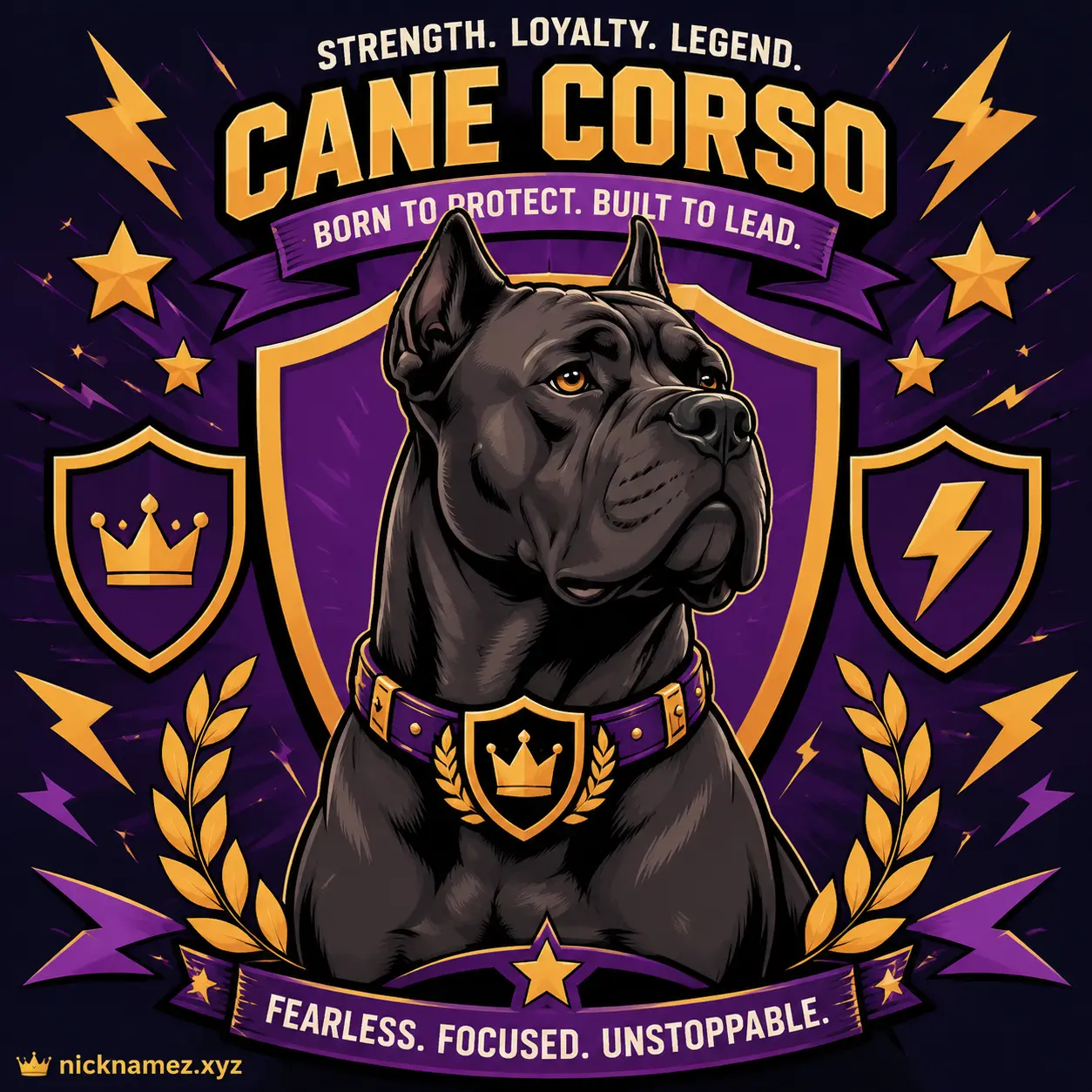 Bold female Cane Corso surrounded by symbolic strength icons