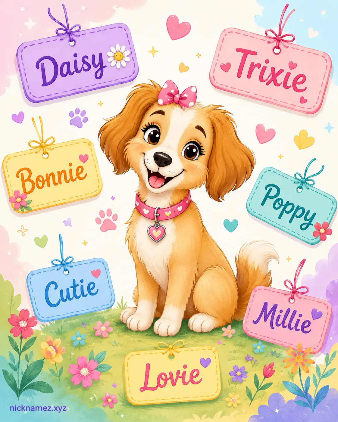 Cheerful girl dog surrounded by playful IE ending name tags