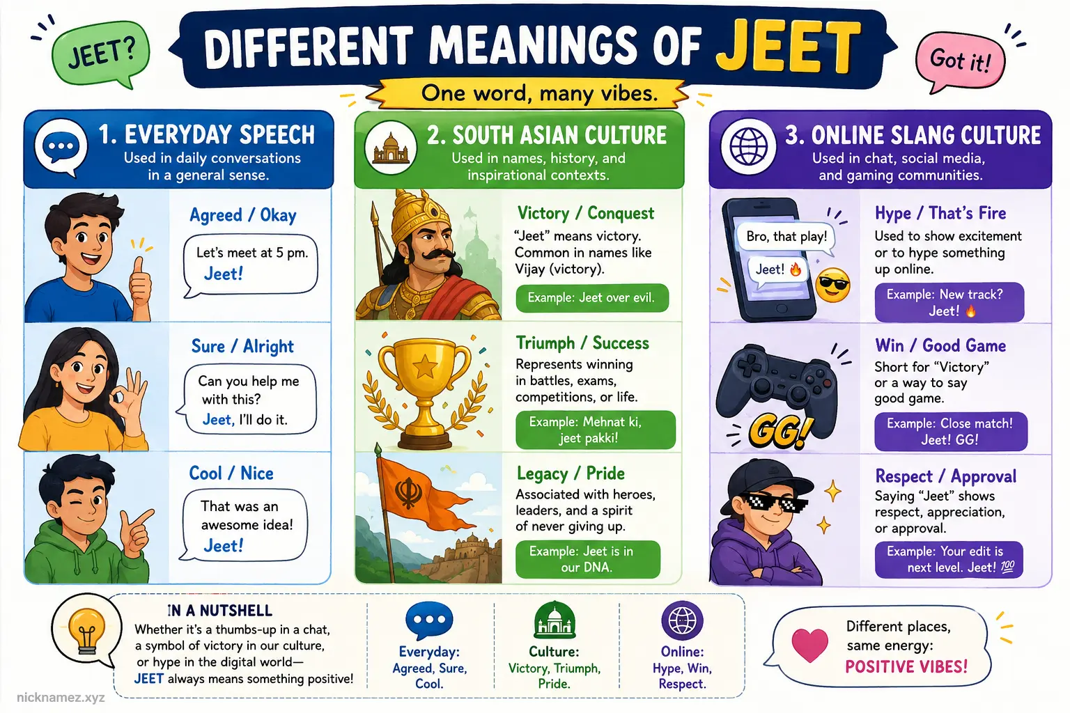 Visual guide comparing everyday speech cultural and online meanings of jeet