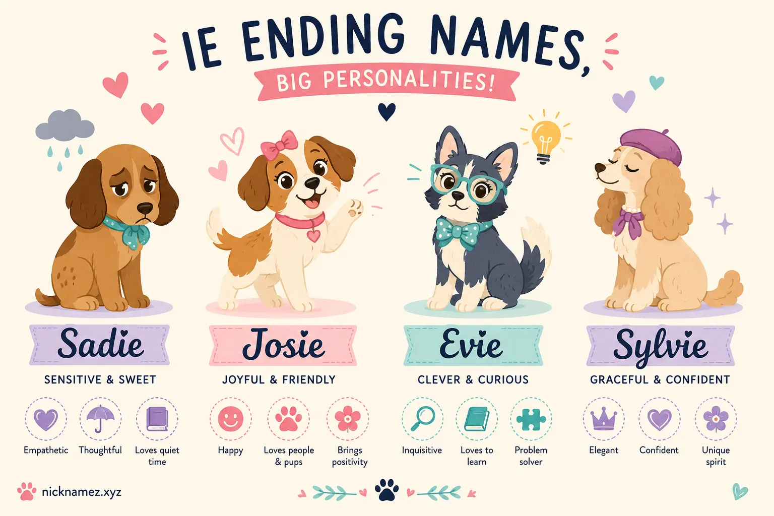 Different girl dogs matched with playful and gentle IE names