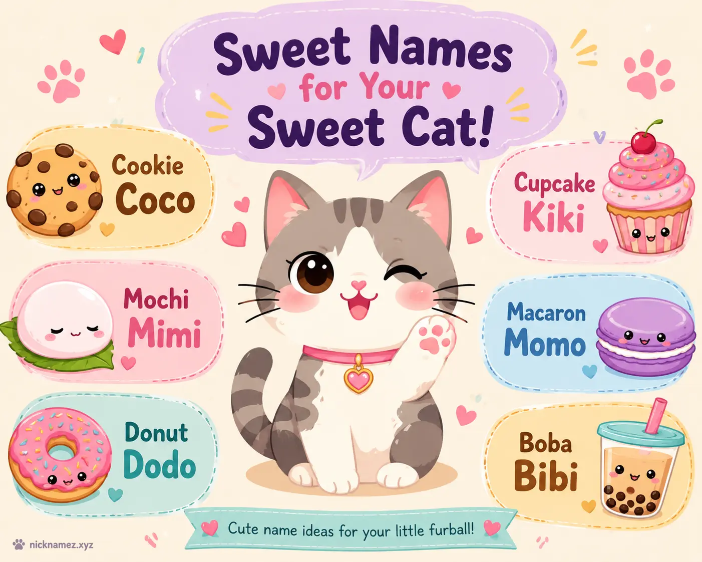 Cute food themed double pawed cat names illustration