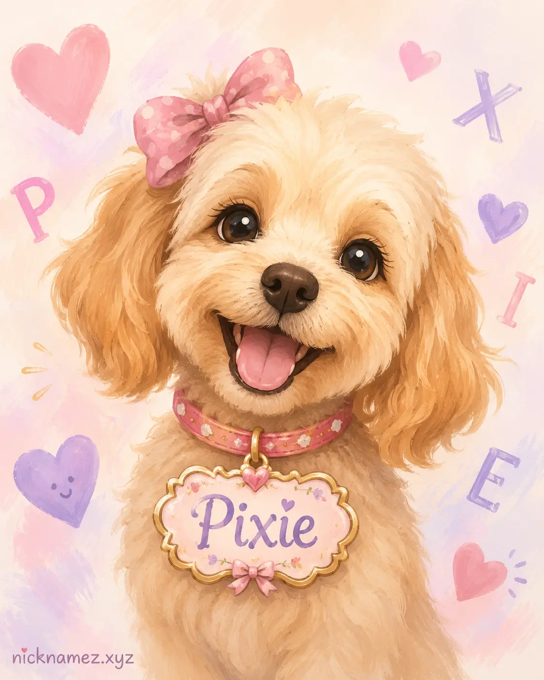 Happy female dog proudly wearing an IE ending name tag