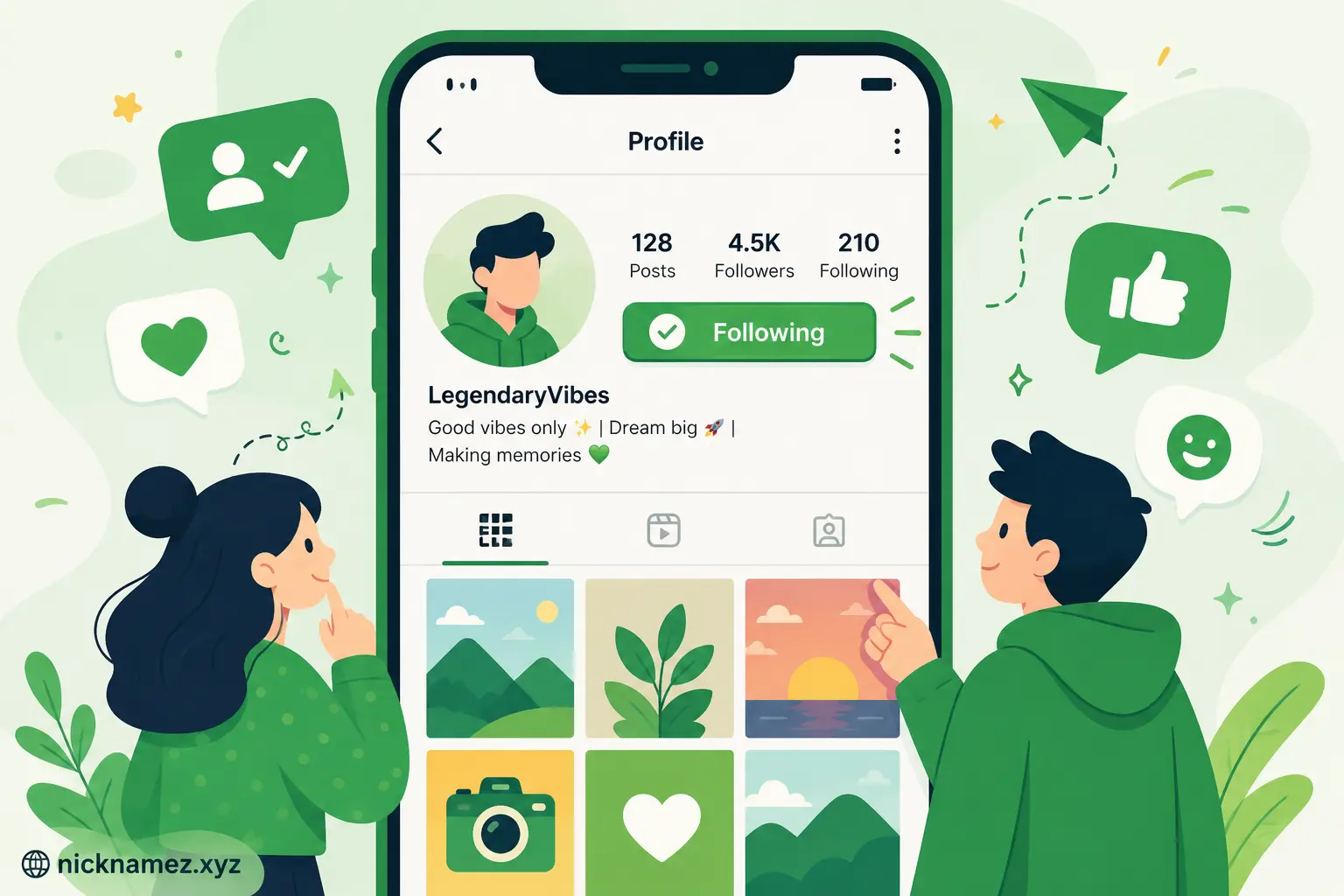Illustrated Instagram interface showing a green following indicator