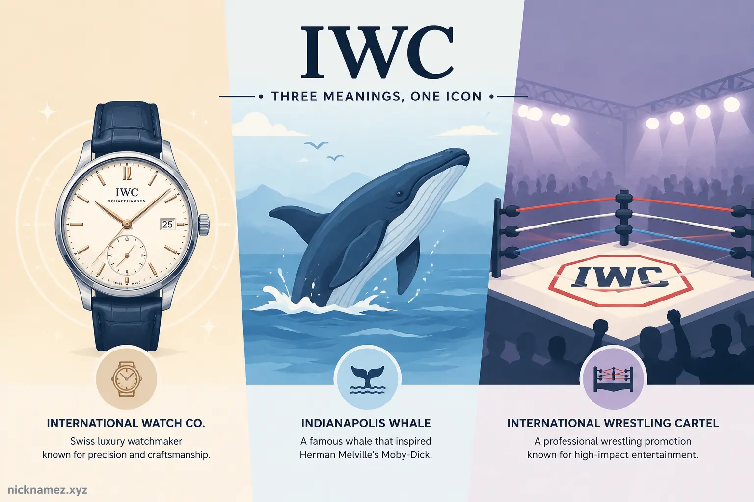 Different meanings of IWC across luxury watches, environmental commission, and wrestling culture