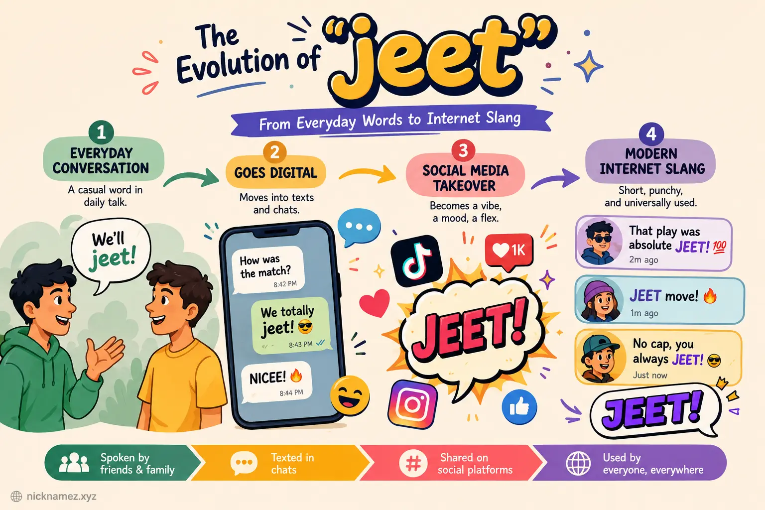 Illustration showing the evolution of the word jeet from speech to internet slang