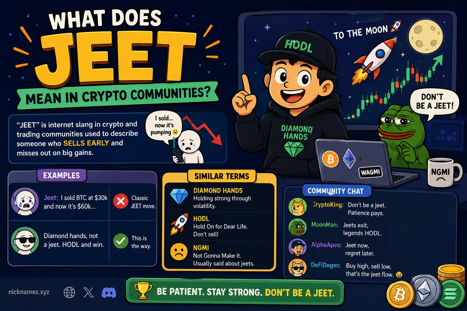 Cartoon illustration explaining jeet usage in online crypto communities