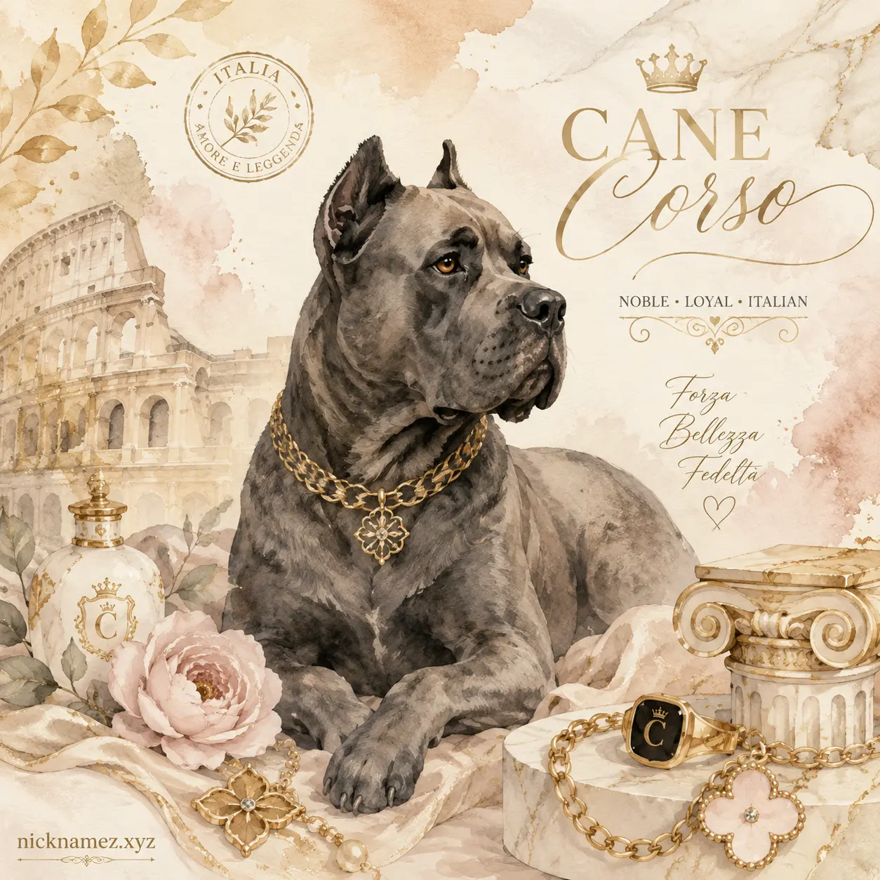 Elegant luxury and Italian-inspired female Cane Corso names collage