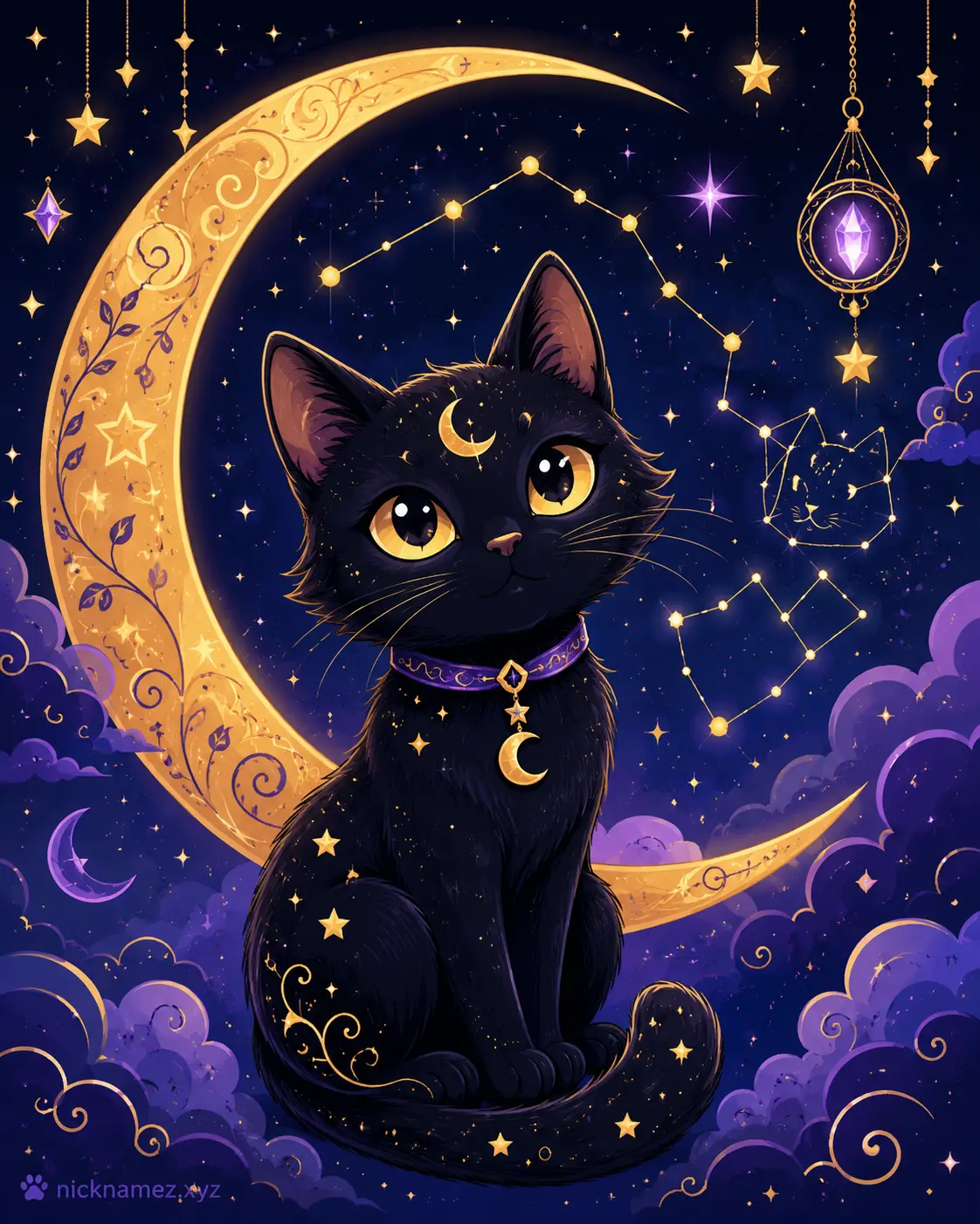 Magical black cat surrounded by moon stars and enchanted night elements