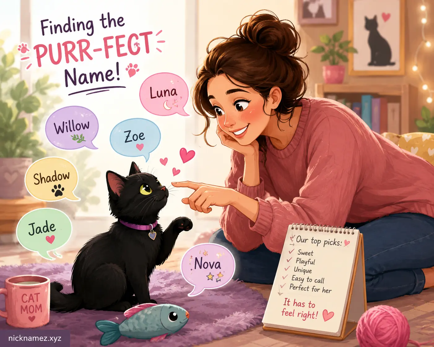 Owner testing different cute names with a black female cat