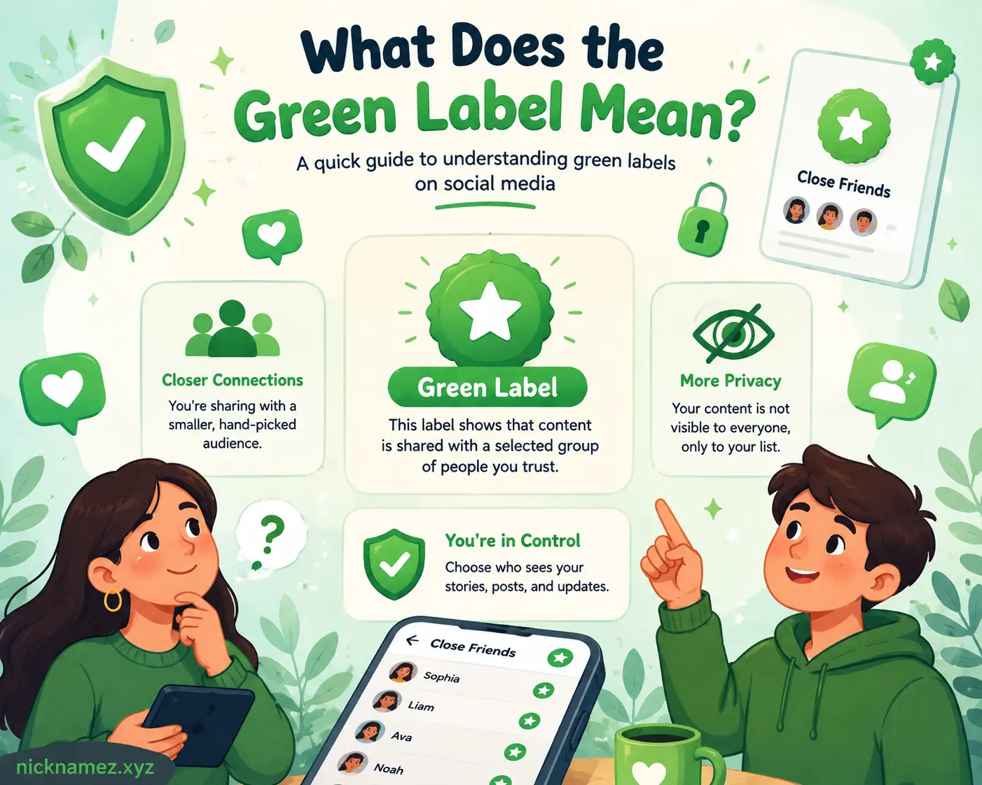 Whimsical illustration explaining the Instagram green following label