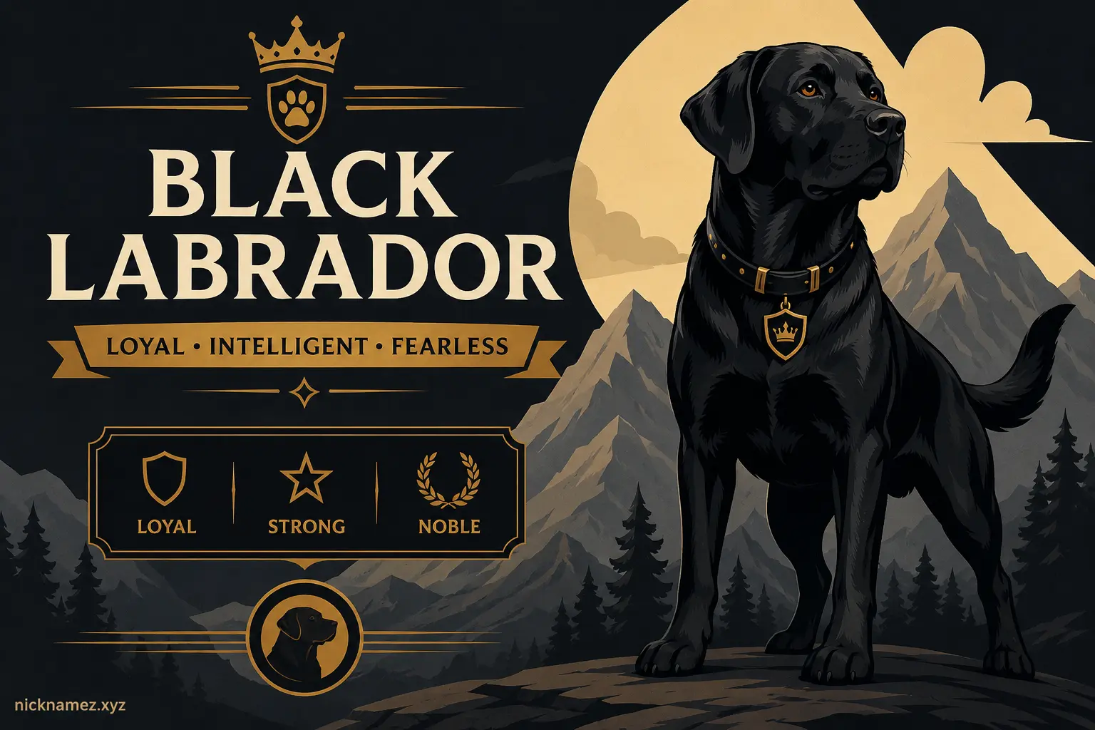 Stylized male black Labrador with bold name inspiration