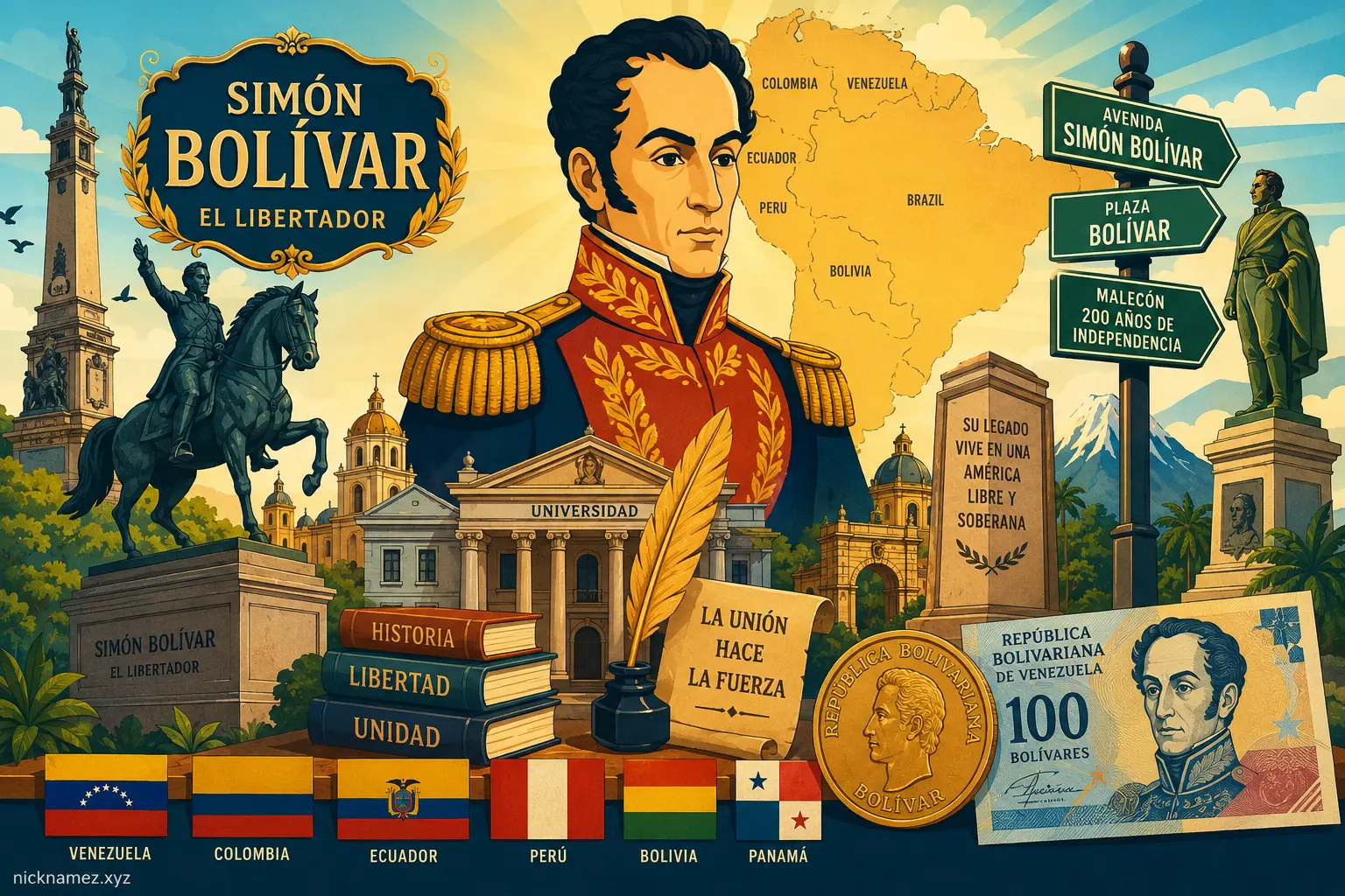 Illustration of monuments and lasting legacy of Simon Bolivar across South America