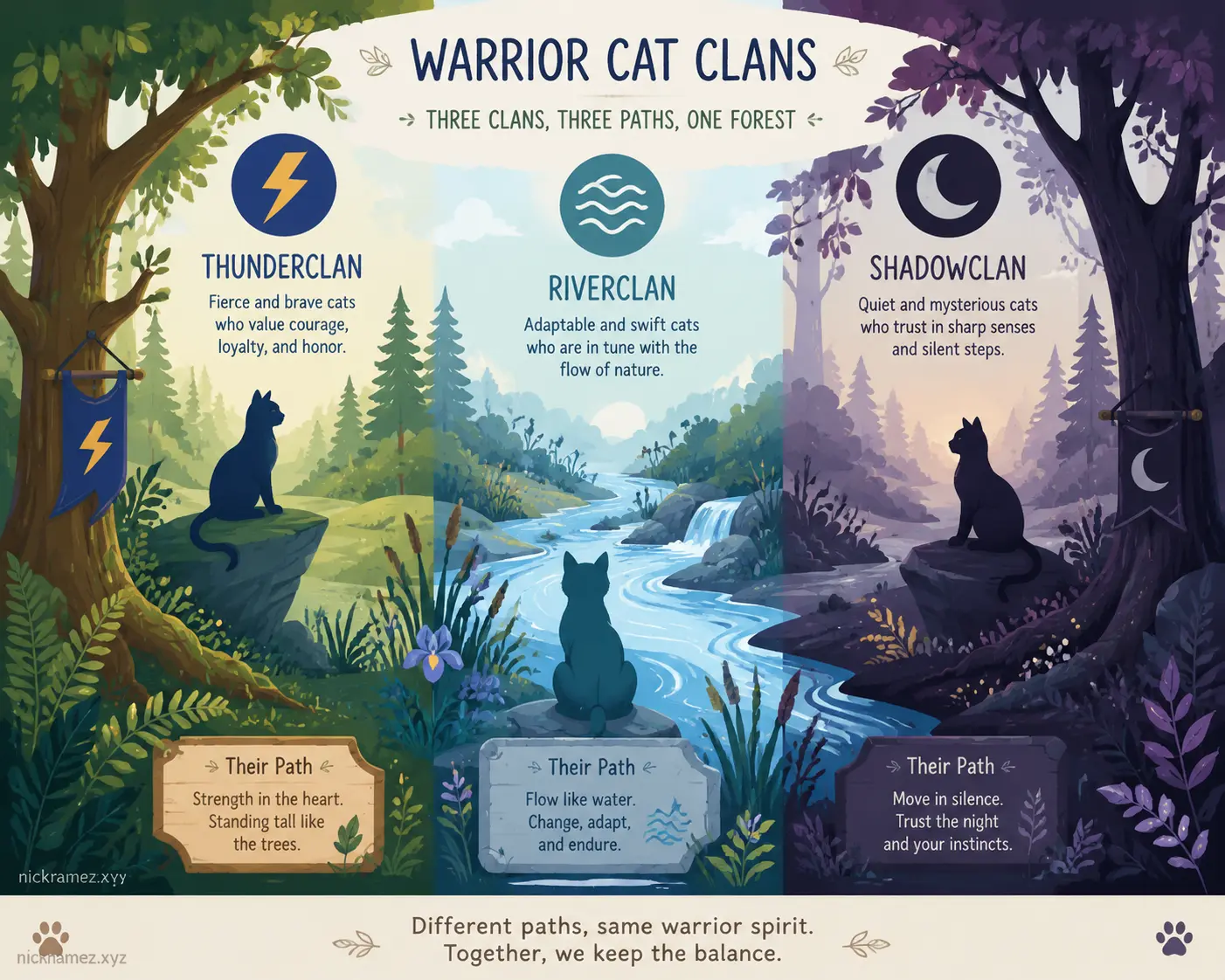 Stylized illustration of Clan-inspired Warrior Cat prefixes with forest themes
