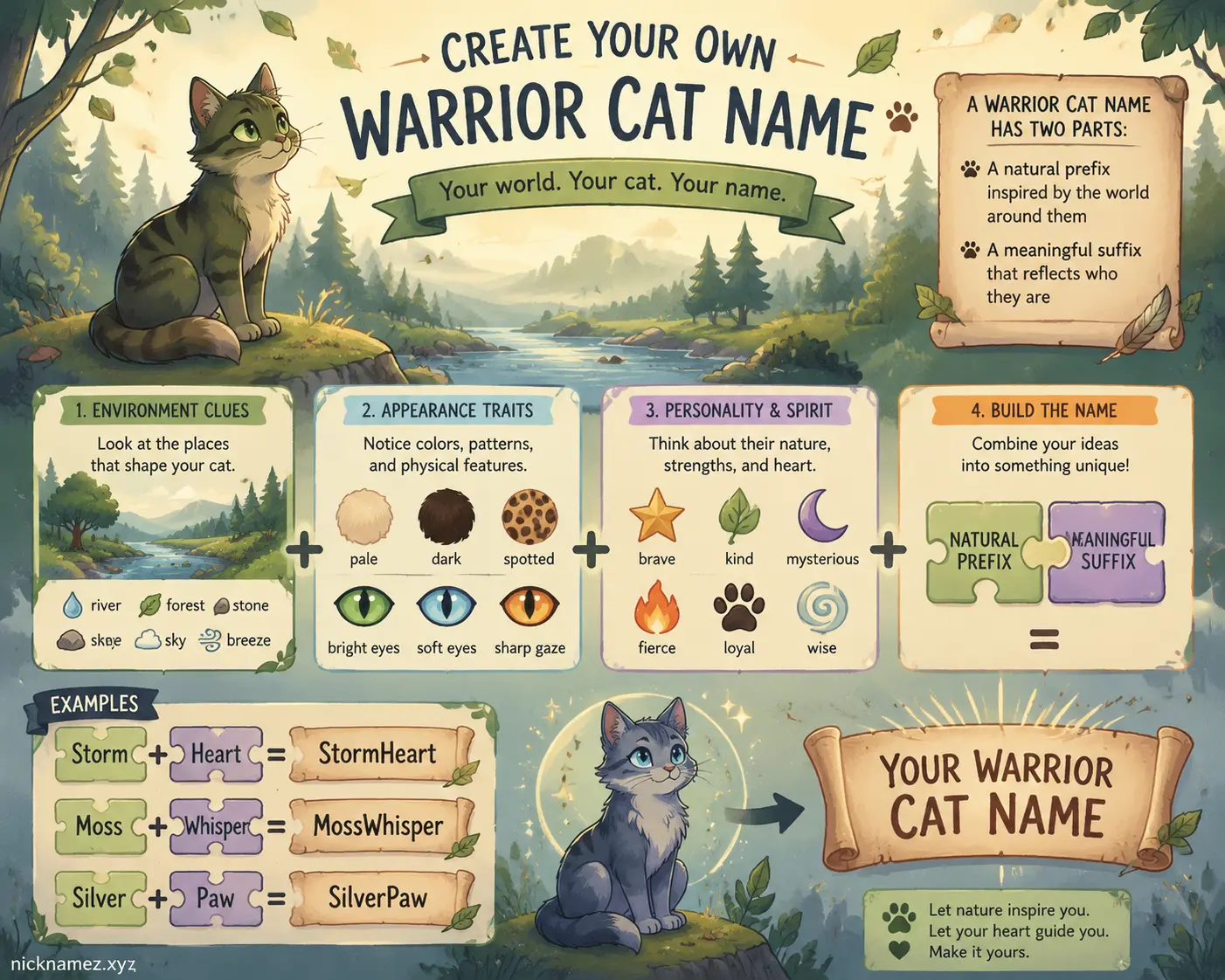 Illustration showing the process of creating an original Warrior Cat name
