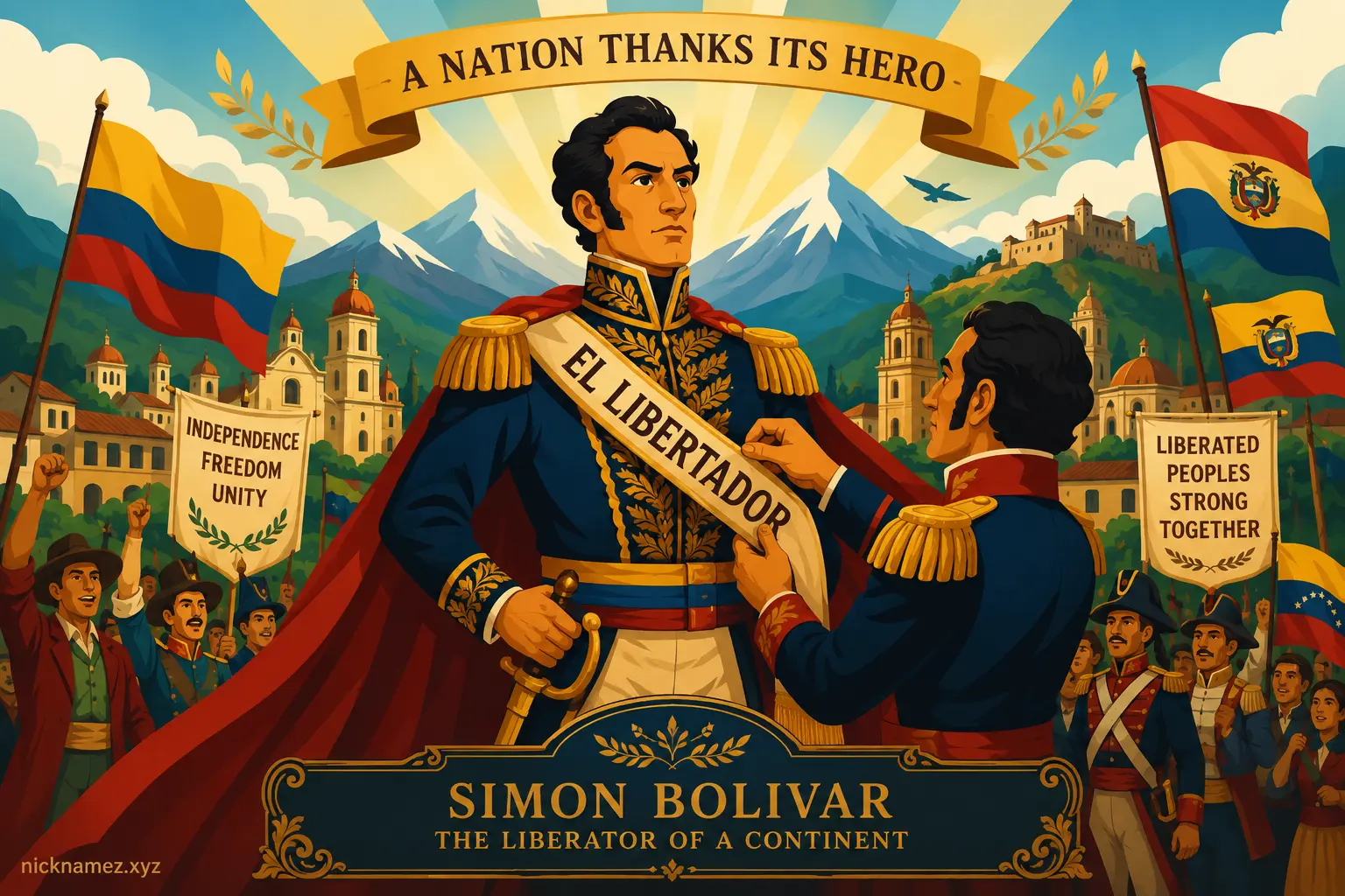 Stylized illustration of Simon Bolivar earning the title El Libertador