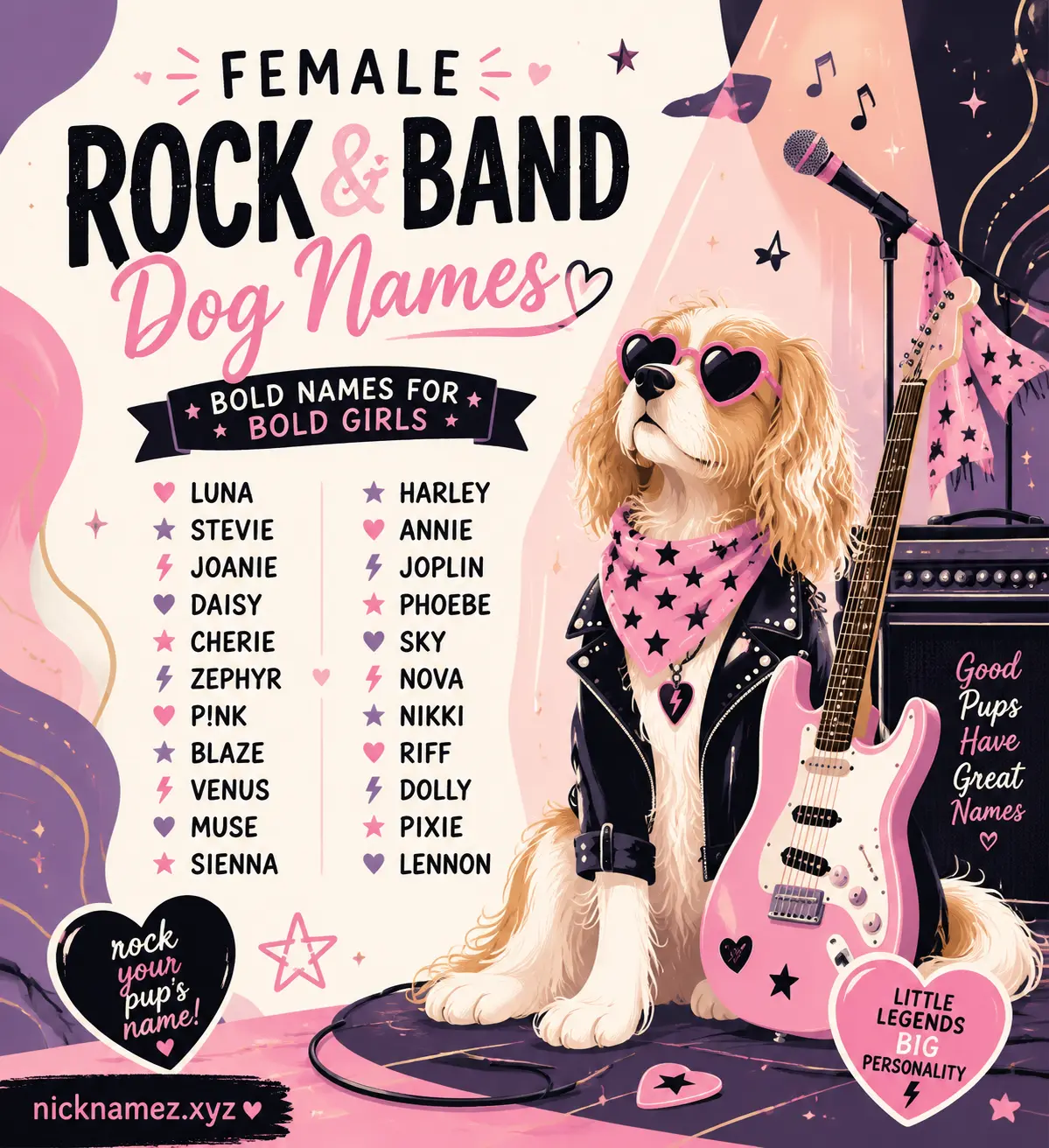 Female rock and band inspired dog names stylish illustration