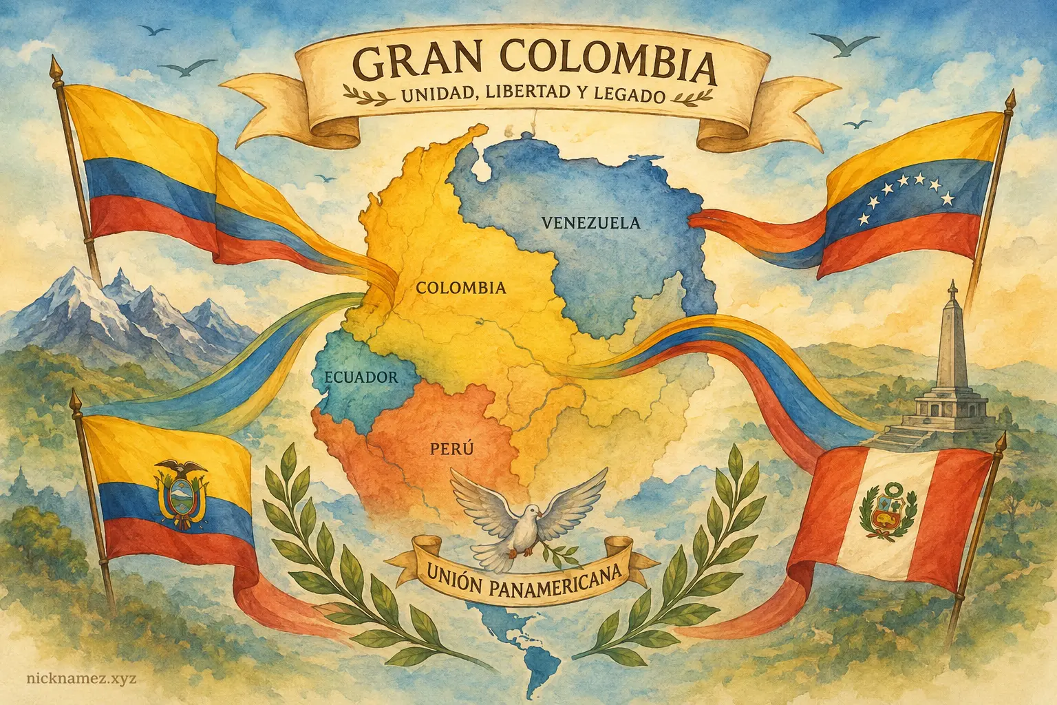 Illustration of Simon Bolivar's vision for Gran Colombia and South American unity