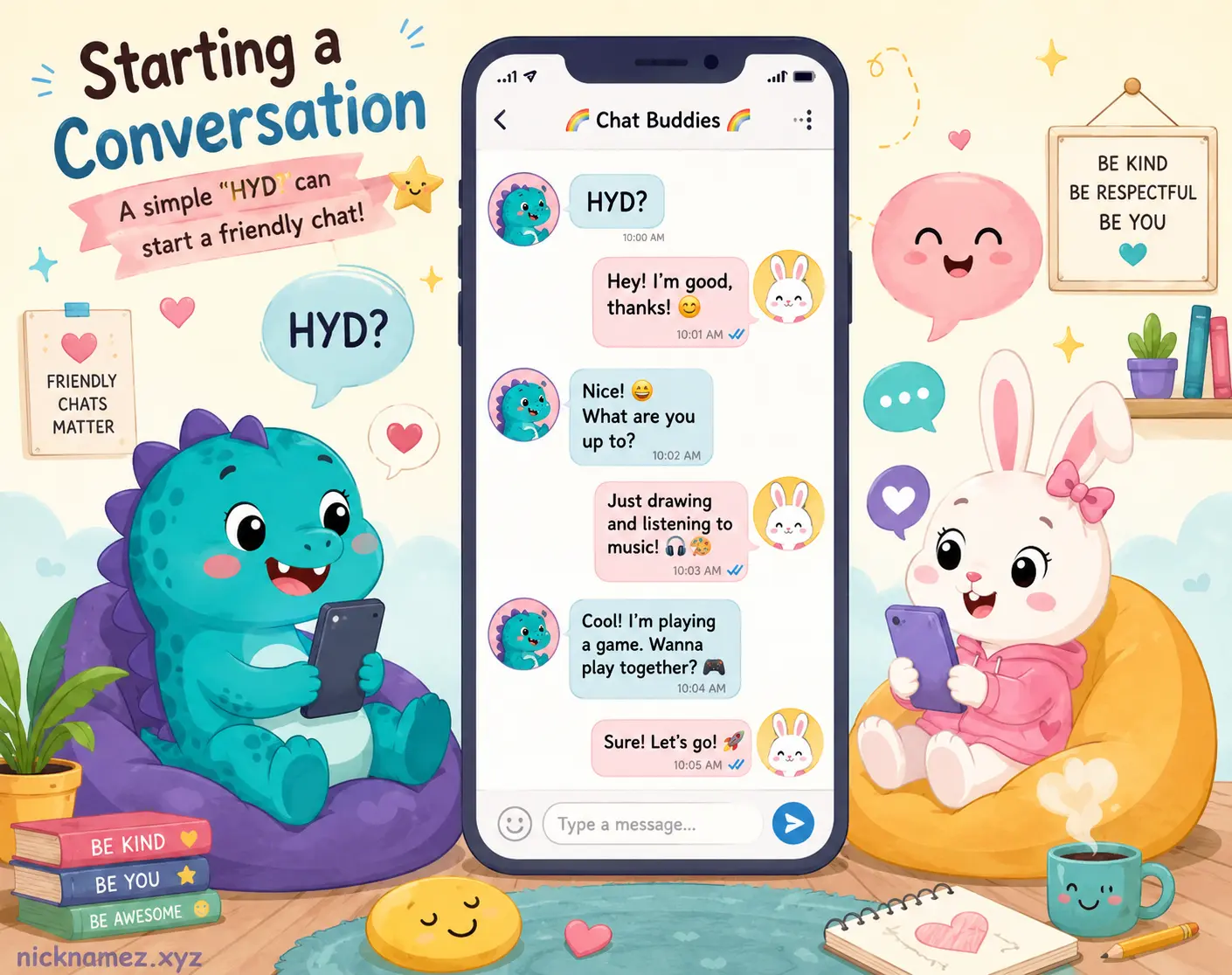 Whimsical illustration of casual HYD conversations in messaging apps