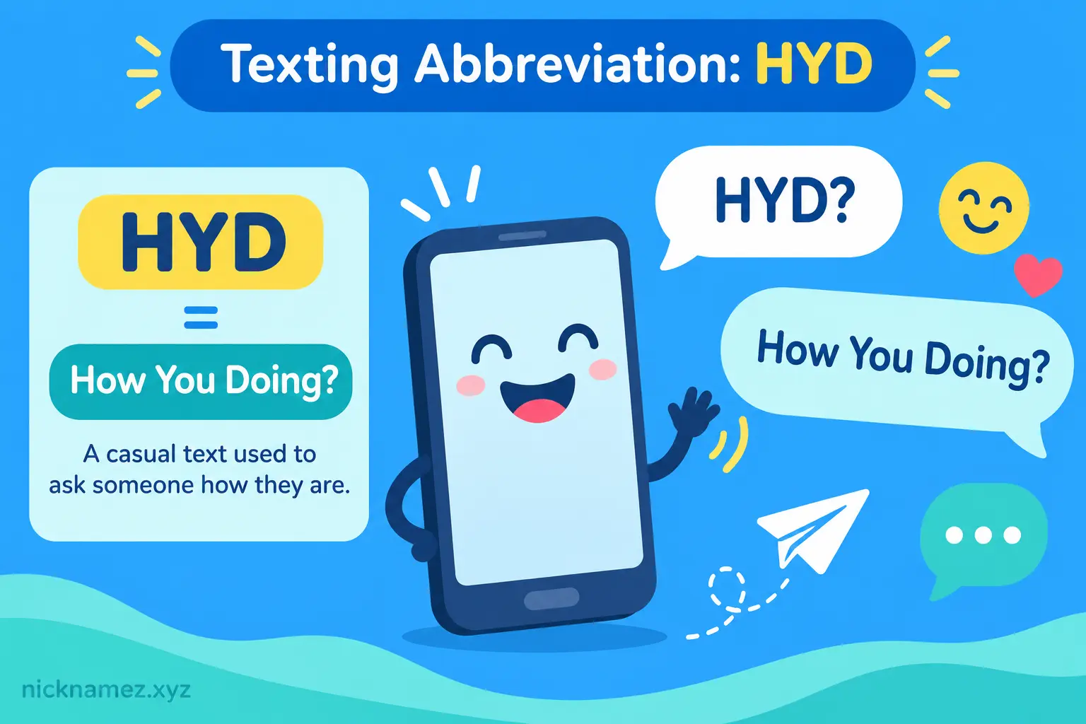 Cartoon illustration explaining the meaning of HYD in texting