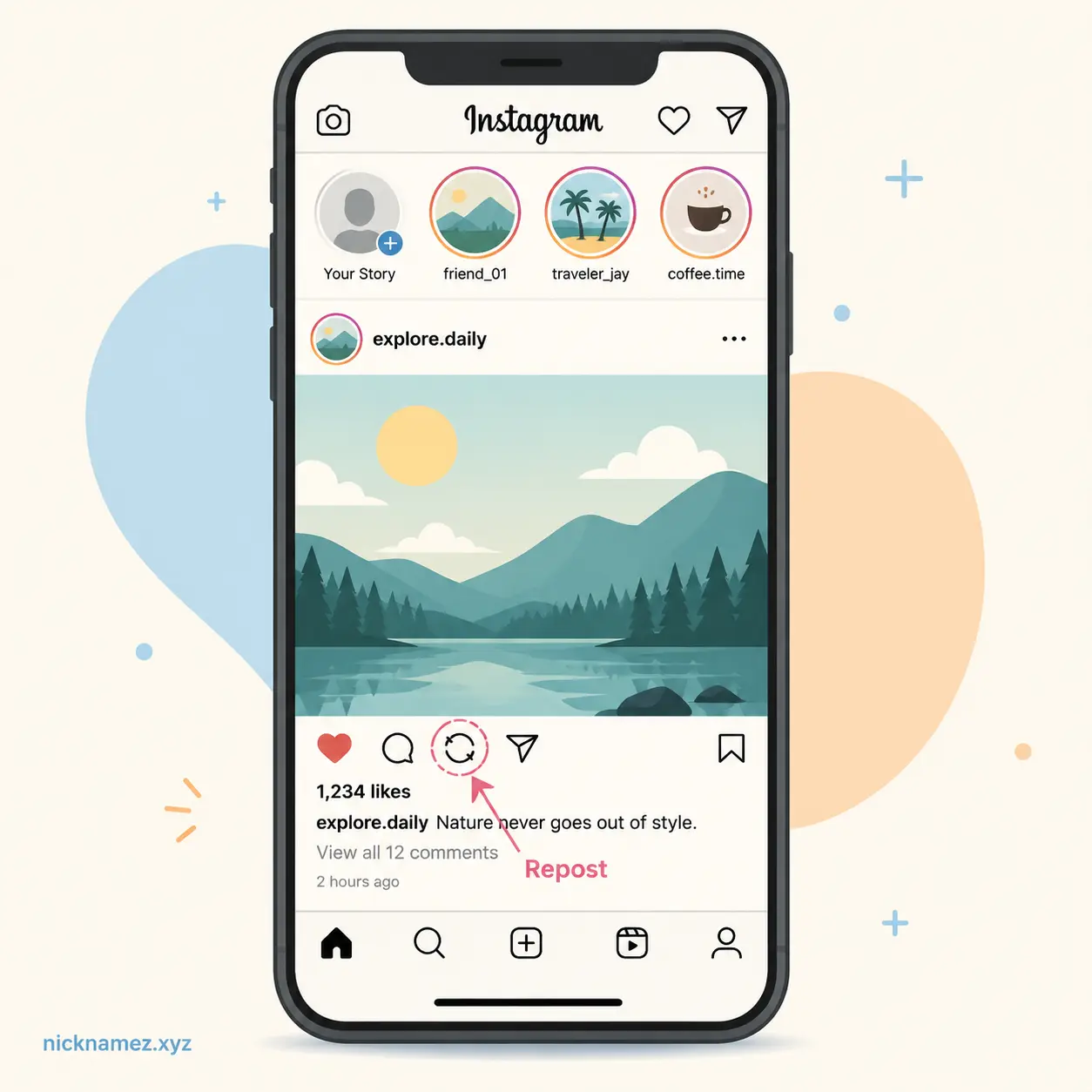 Flat illustration of Instagram interface showing repost icon in feed posts