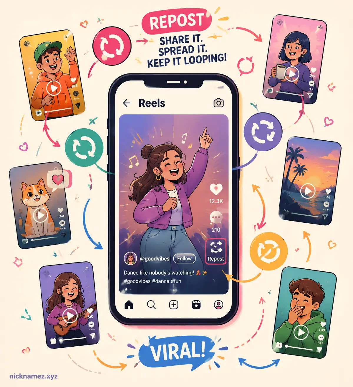 Whimsical illustration of Reels feed with reposted viral content and circular arrows