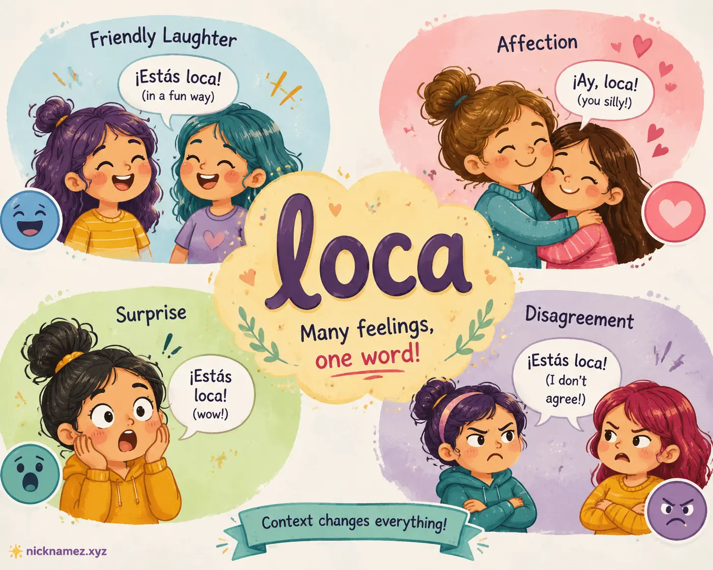 Illustration showing different emotions changing the meaning of loca
