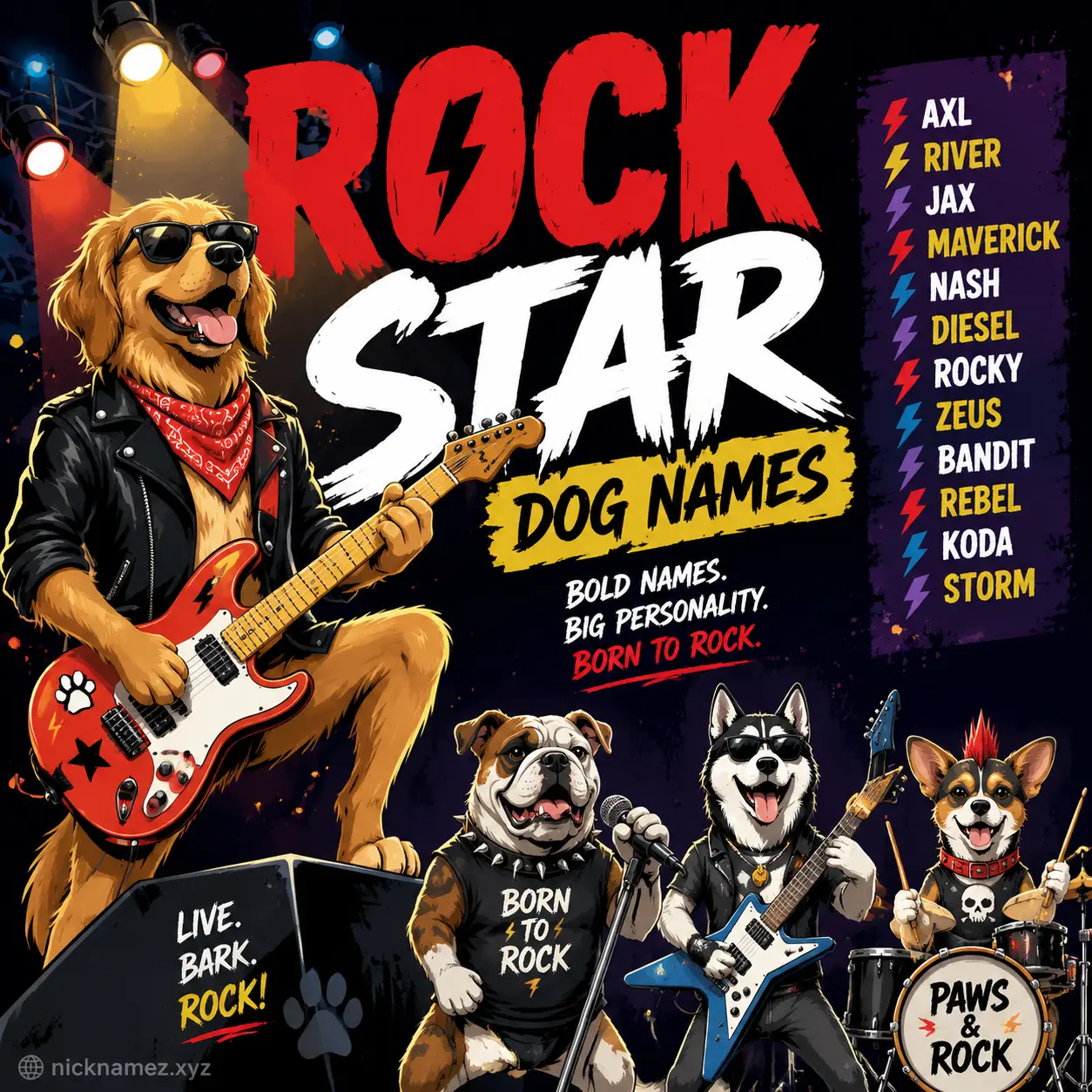 Confident male rock inspired dog names illustration