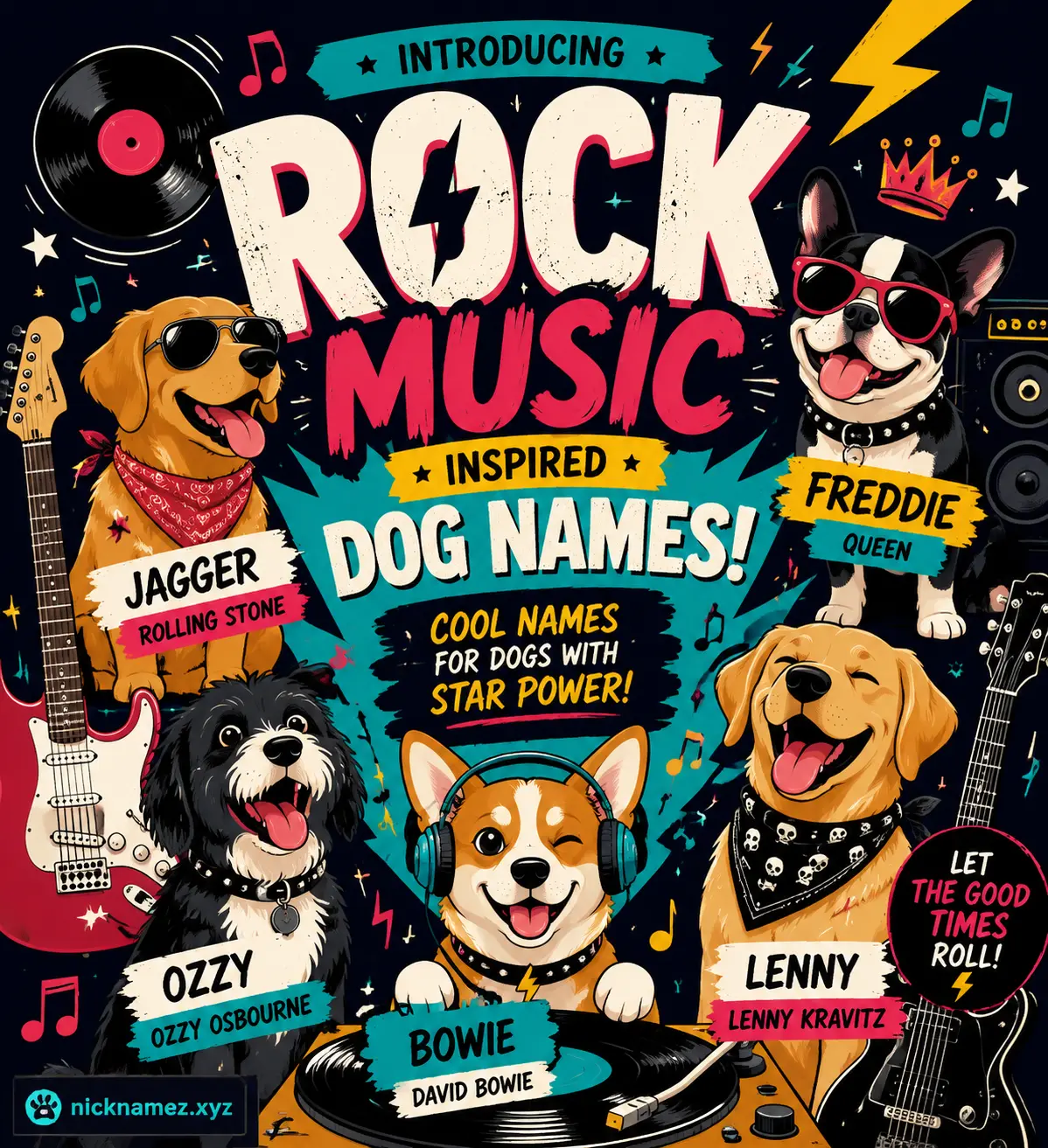 Rock music inspired dog naming introduction illustration